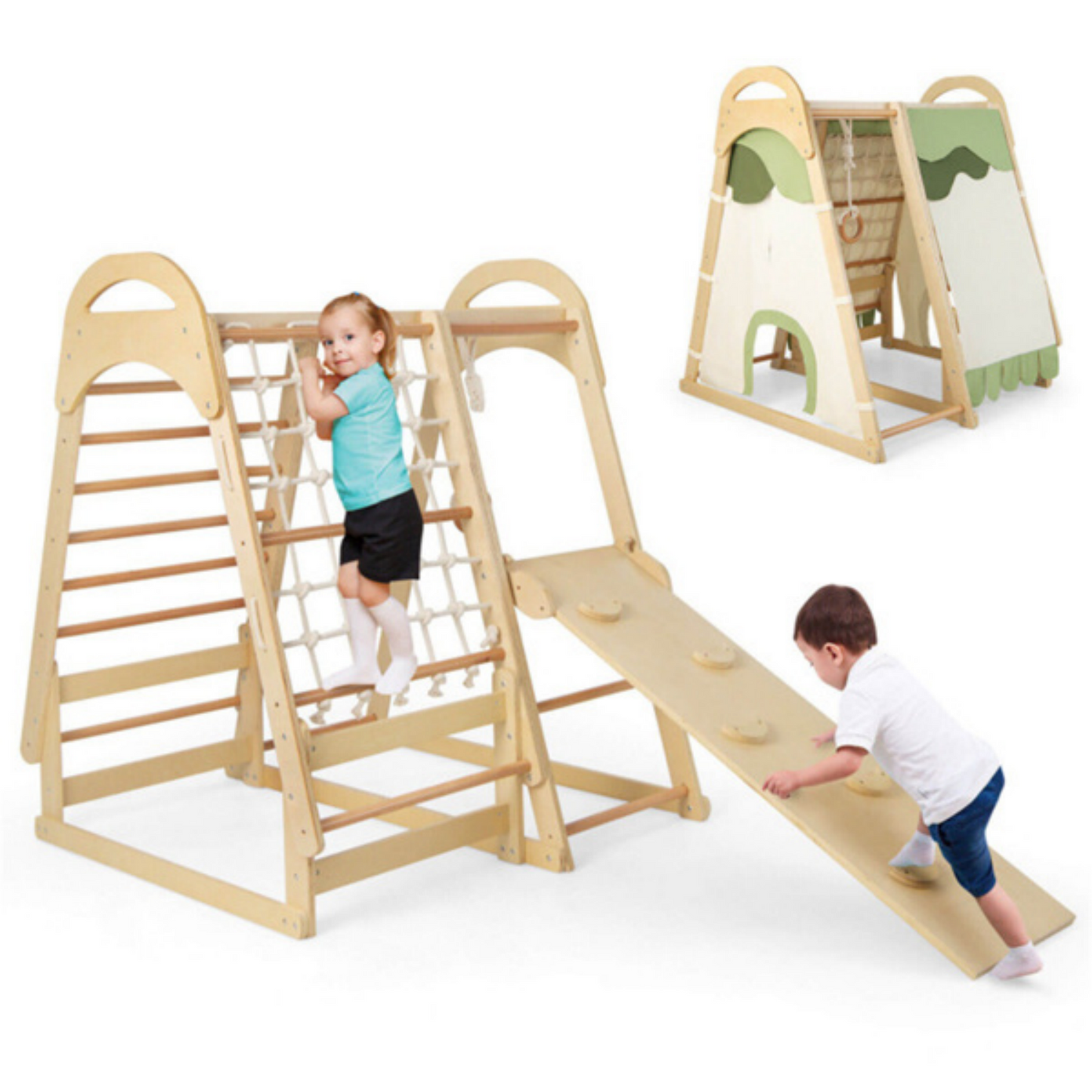 6-in-1Indoor Playground Jungle Gym, Toddlers Triangle Climbing Toys Set with Monkey Bars, Rock Climbing Wall, Gymnasitic Ring, Climbing Net and Ladder, Wooden Montessori Climbing Toys for Kids 1-6