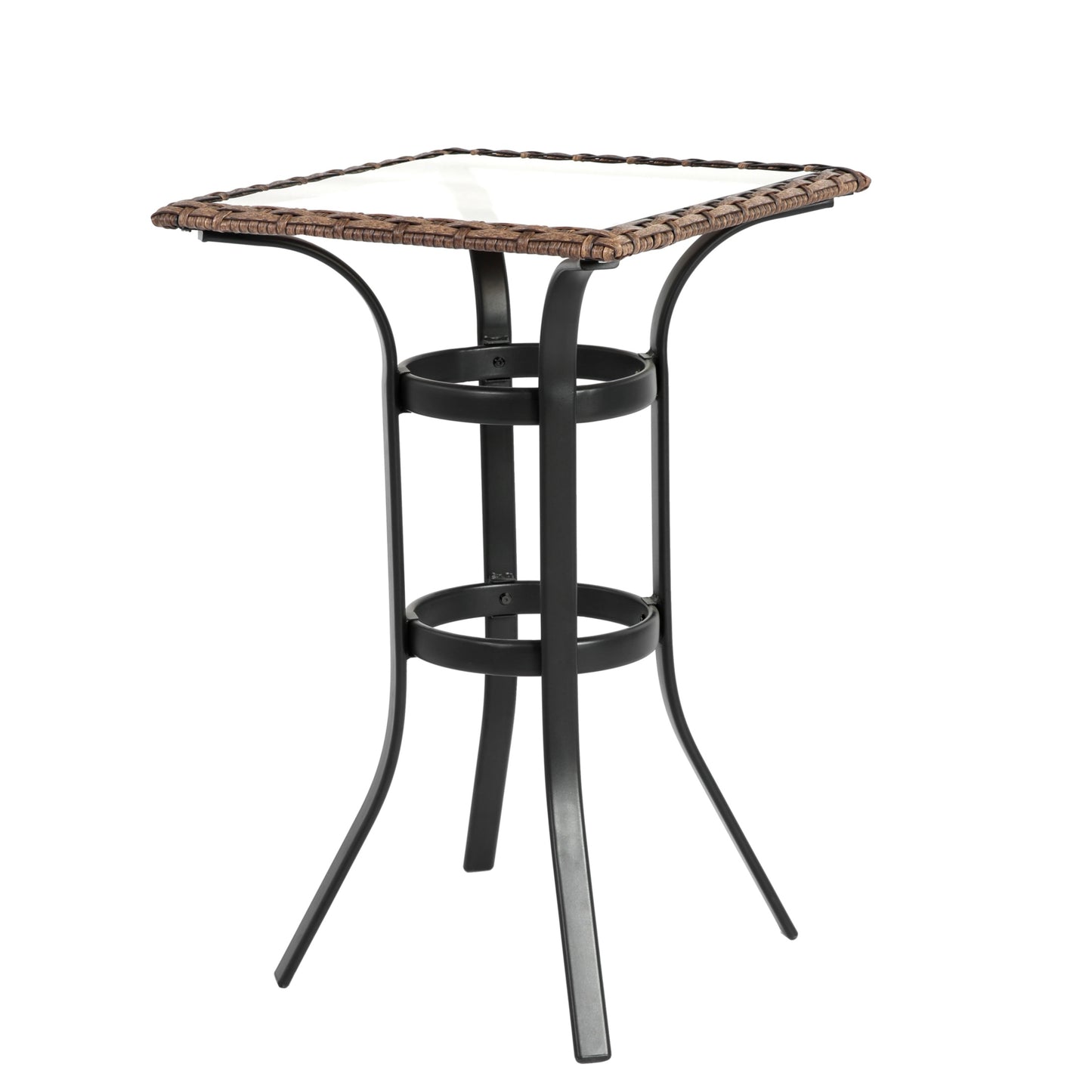 Outdoor Patio Set of 3, SHINPT Tall Bar Stools, 3 Pieces Patio Bar Set with Rattan Bar Chairs, Bistro Set Outdoor with Glass Table Top, Outdoor Bar Set for Backyard, Garden, Pool, Balcony and Deck