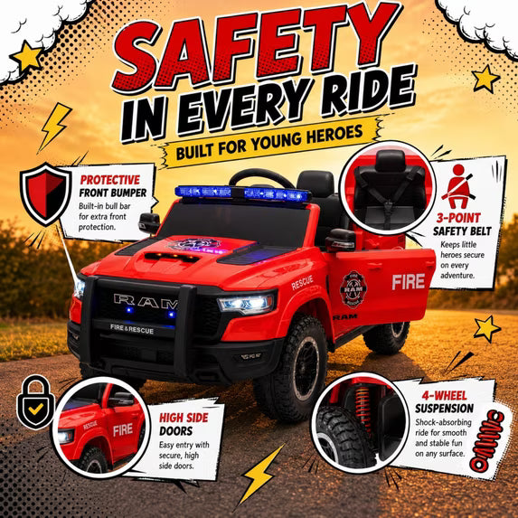 SHINPT Ride on Fire Truck,  RAM1500 12V Electric Fire Truck with Parental Remote, Bluetooth & Siren Lights, 44.49”*26.77”*22.44”Red Kids Ride on Car for Boys Girls Ages 3-8, 36.16lbs