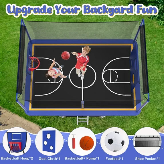 SHINPT 8 ×12 ft Rectangle Trampoline for Kids and Adult, Rectangular trampoline with 2 Basketball Hoops, Outdoor Big Trampoline with 360 Degree Safety Net, Square Trampoline with 4 W-Legs