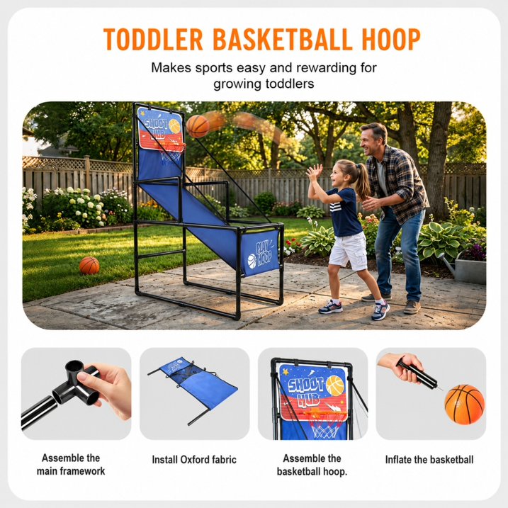 Kids Basketball Hoop With Ball, SHINPT Single Shot Basketball Arcade Game with 2 Balls, Pump and durable Tube. Indoor Basketball Hoop Set for Toddlers and Children, 55 in Foldable Sports Toy, Blue