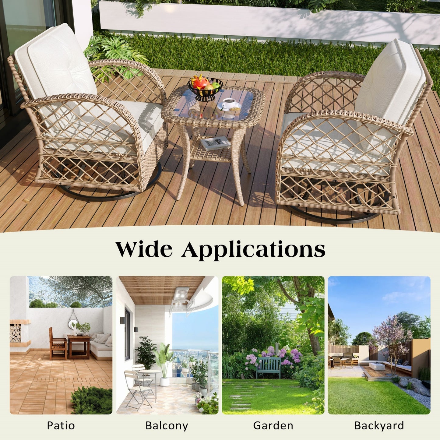 Outdoor Rocking Chair Set of 2, SHINPT All Weather Wicker Patio Furniture Set with Premium Fabric Cushions, Front Porch furniture Set with Table Set for Balcony, Deck, Yard, Natural/Brown