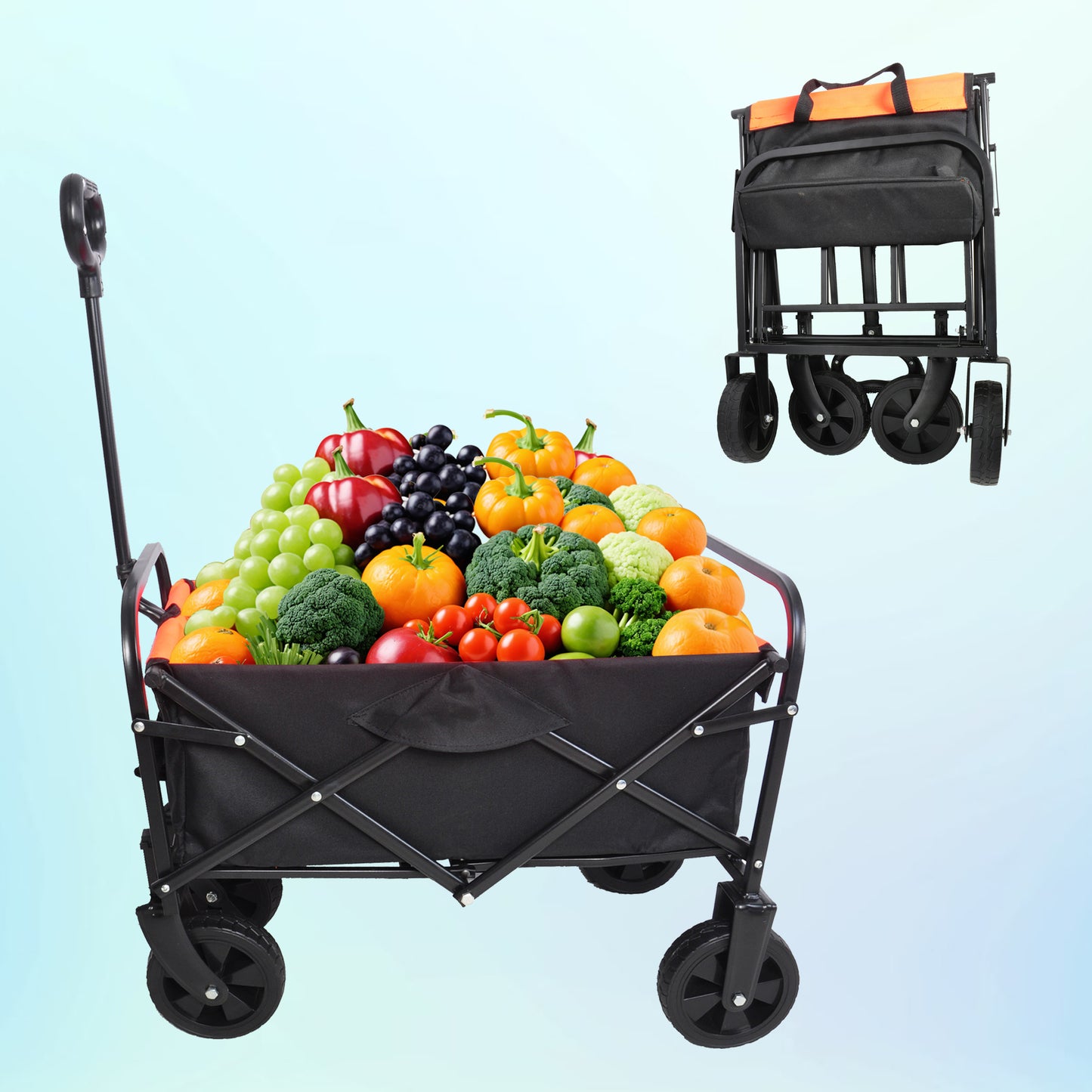 SHINPT Mini Wagon Cart with Wheel Foldable, Folding Wagons Carts with Silent Universal Wheels, Heavy Duty Utility for Shopping Beach Sports Fishing Camping, Orange and Black