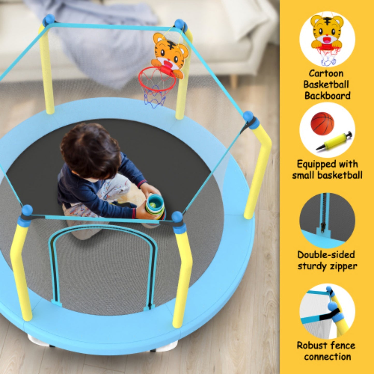 55" Toddler Trampoline with Enclosure Net, 4.6 ft Mini Trampoline for Kids with Basketball Hoop, Indoor Outdoor Toddler Recreational Tranpolines , Gifts for Boys Girls Aged 3-6