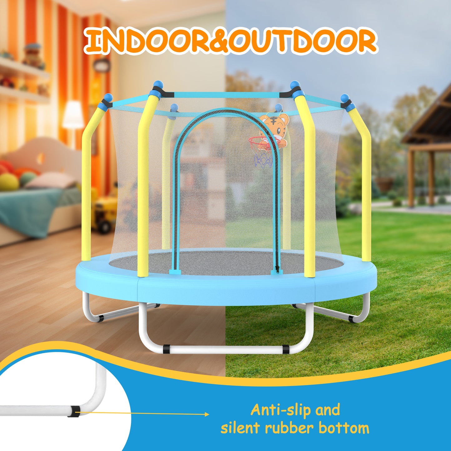 SHINPT 55" Kids Trampoline With Basketball Hoop – Indoor/Outdoor Toddler Trampoline Featuring Safety Handle, Durable PP Mat, And Adjustable Basketball Hoop For Backyard, Patio, Garden