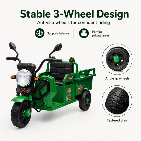12V Kids Ride on Toy, SHINPT Powered Ride on Car with Large Storage Bed, 3-Wheel Cargo Truck with LED Lights & Music, Wide Seat, Toddler Ride on Toys for Ages 3-6, Green