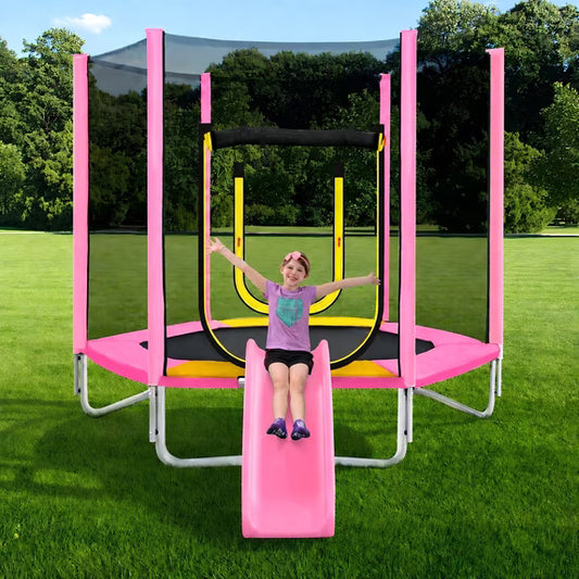 SHINPT 7FT Trampoline for Kids, SHINPT Toddler Trampoline Outdoor, Small Trampoline for Kids with Slide and Ladder, Recreational Trampoline for Backyard, Outside Toys for Kids with Safety Enclosure Net