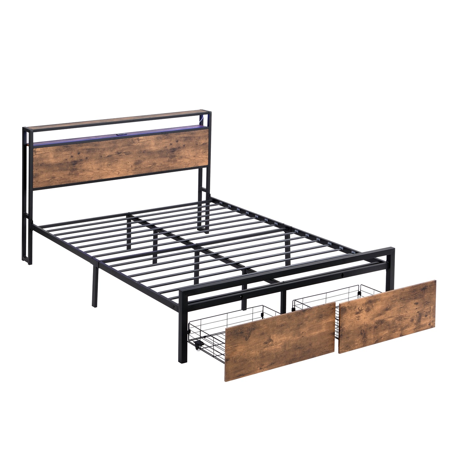 Full Size Bed Frame with Storage Headboard and 2 Drawers, SHINPT Metal Platform Bed with Charging Station, Bed Frame with Storage No Noise, Furniture for Bedroom with Strong Metal Slats Support