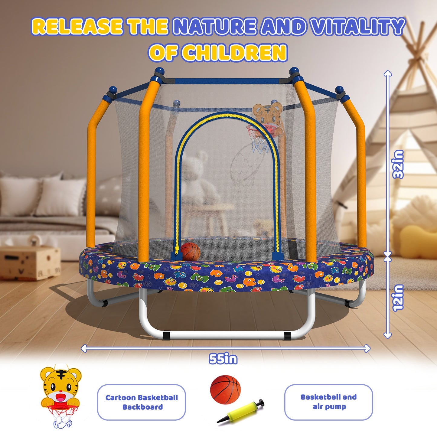 55" Toddler Trampoline Indoor/Outdoor for Kids, Shinpt Mini Trampoline for Backyard, Recreational Trampoline with Basketball Hoop, Outdoor Toddler Toy with Enclosure Net, Indoor Bounce House for Gift
