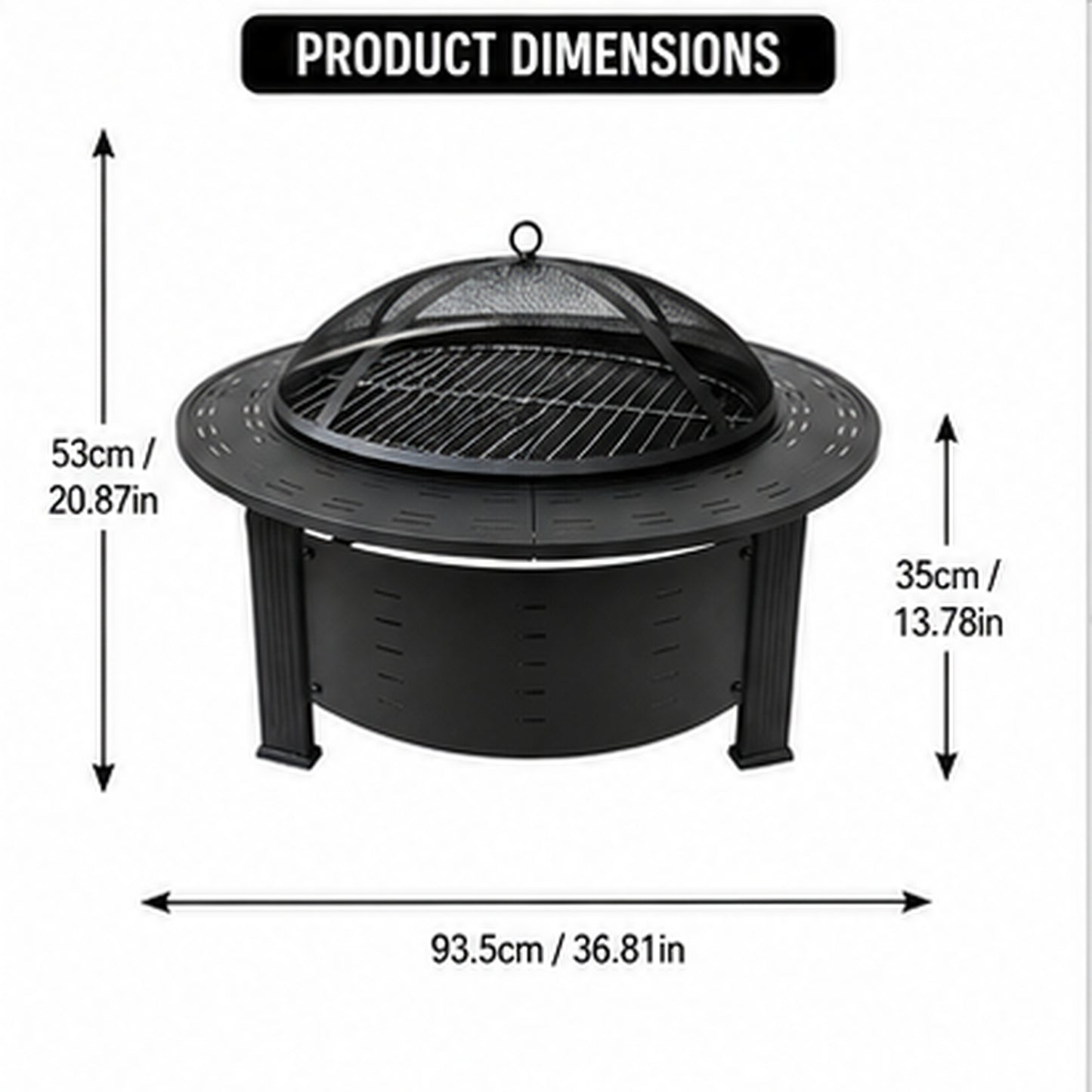 Fire Pit, SHINPT Modern 37 Inch Round Outdoor Fire Pit Table, Wood Burning Metal Fireplace with Square Lid, Black Steel Brazier for Patio Backyard Garden