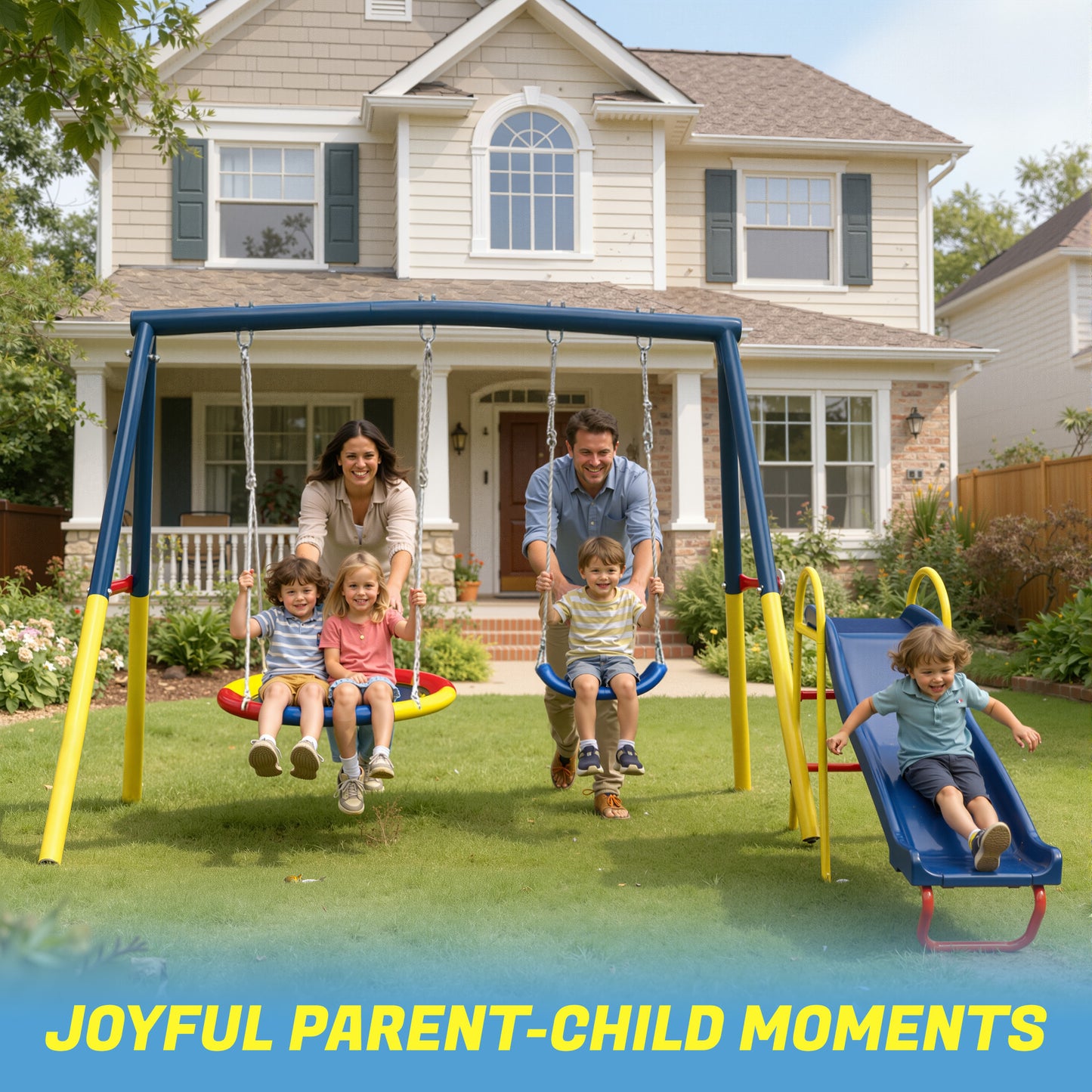 3 in 1 Metal Swing Set Outdoor , SHINPT Toddler Swing Set for Backyard, Tall Swing Set with Slide, Saucer Swing Seat, Belt Swings Seat, Heavy Duty Swing Set for kids, Kids Playset Outdoor