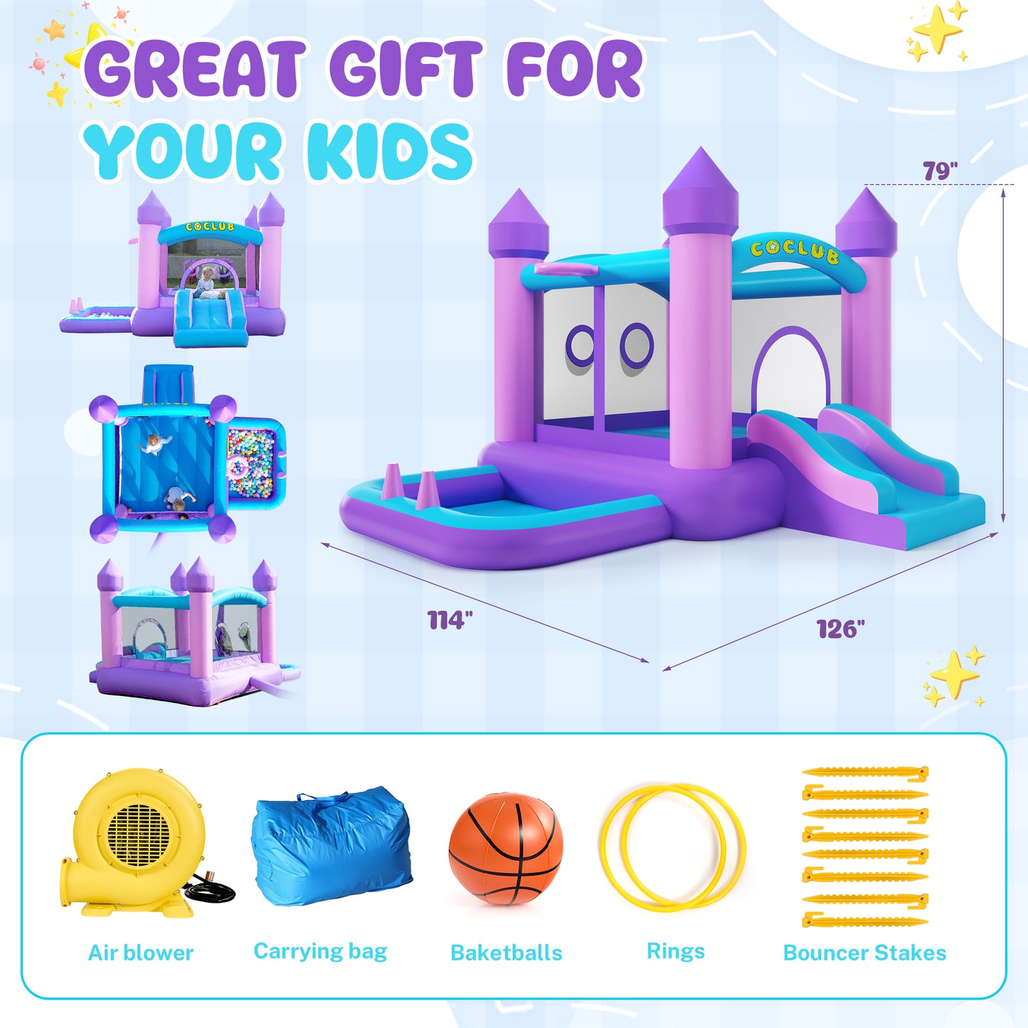 Bounce House for Kids 3-10 with Slide, SHINPT 6-in-1 Inflatable Bounce House for Indoor Outdoor Backyard, Quick Inflate Bouncy House with  Blower, 420D Oxford Bounce Castle for Birthday Party, Purple