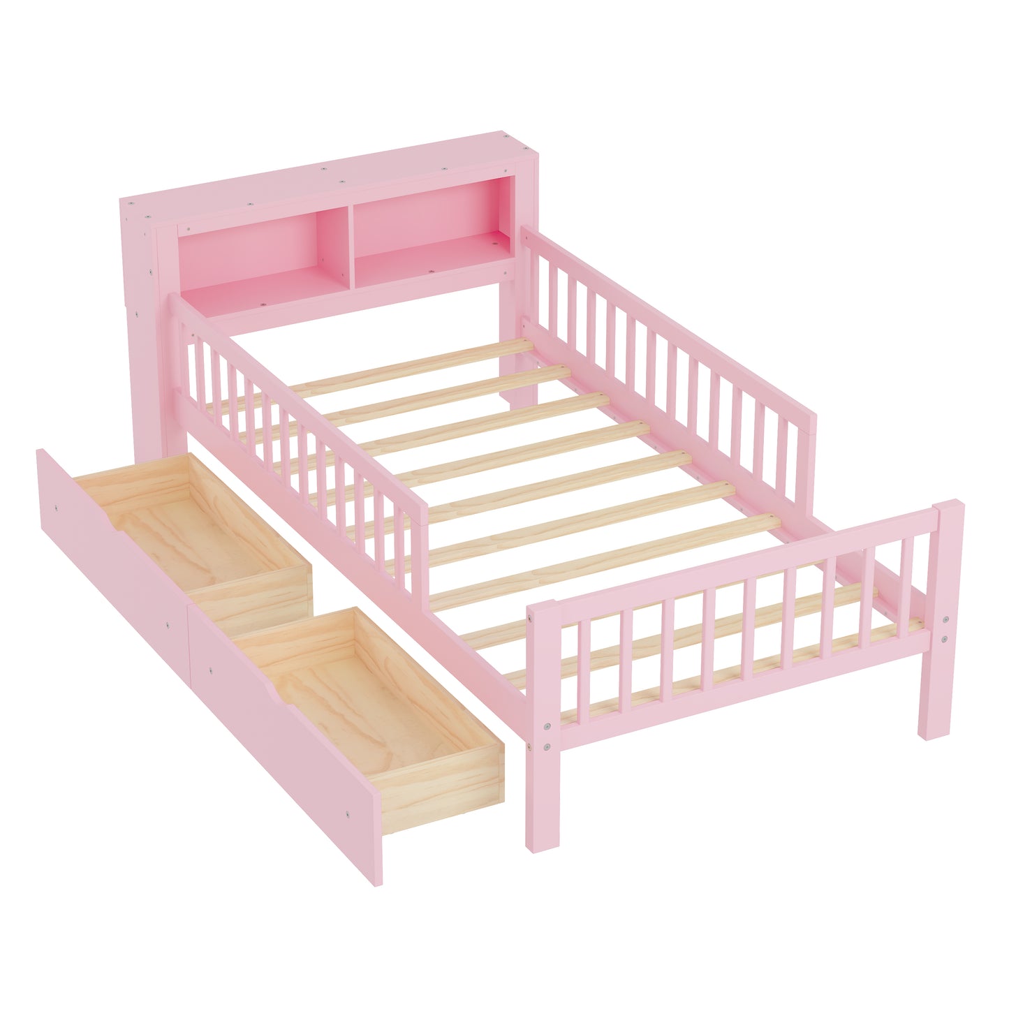 Twin Bed Frame for Kids, SHINPT Twin Size Bed Frame with Headboard Storage Rack, Storage Bed Frame with Two Under-Bed Drawers, Bed for Kids with three-Side Guardrails, White, Pink, Gray, Walnut