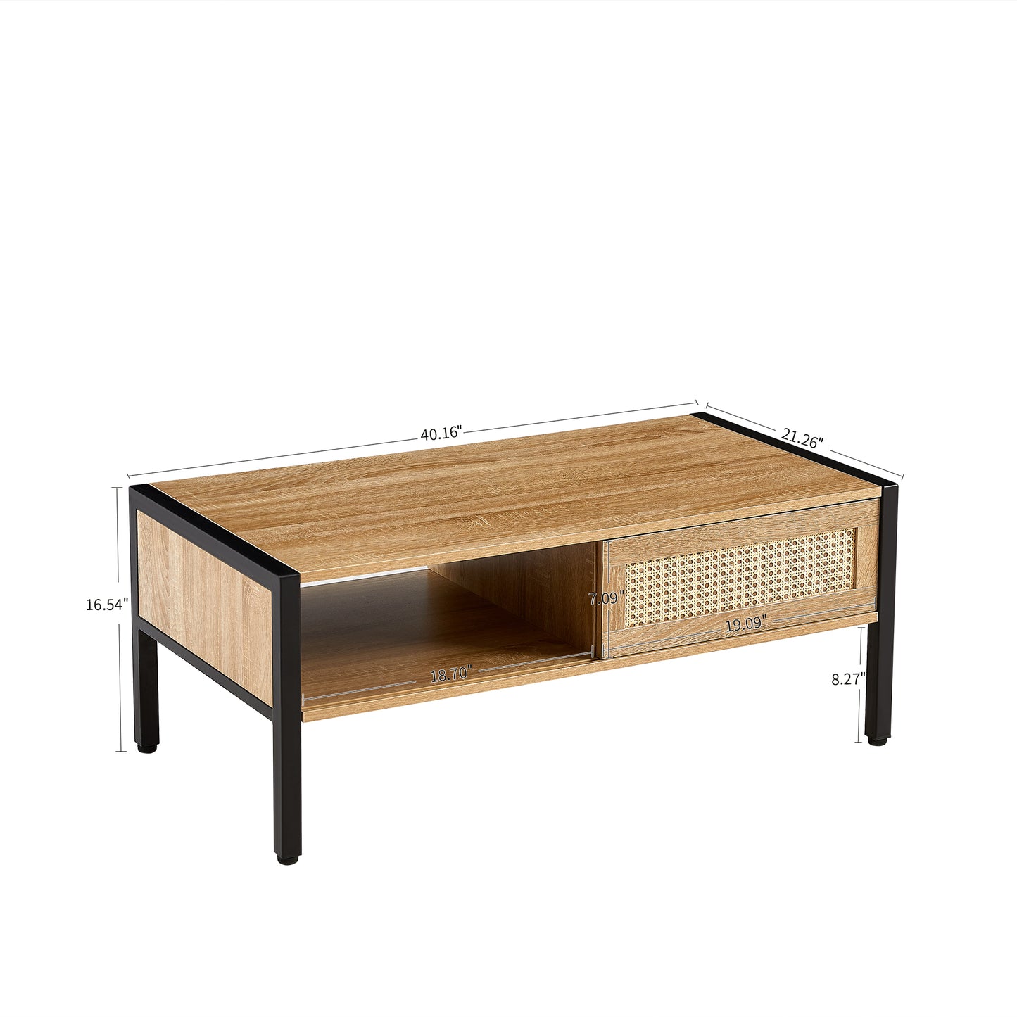 Rattan Coffee table with Metal Legs, SHINPT Mid Century Modern Coffee Table, Small Coffee Table Sliding Door for Storage, Couch Desk for Livingroom, Office Areas, Floor Table, Apartment Furniture