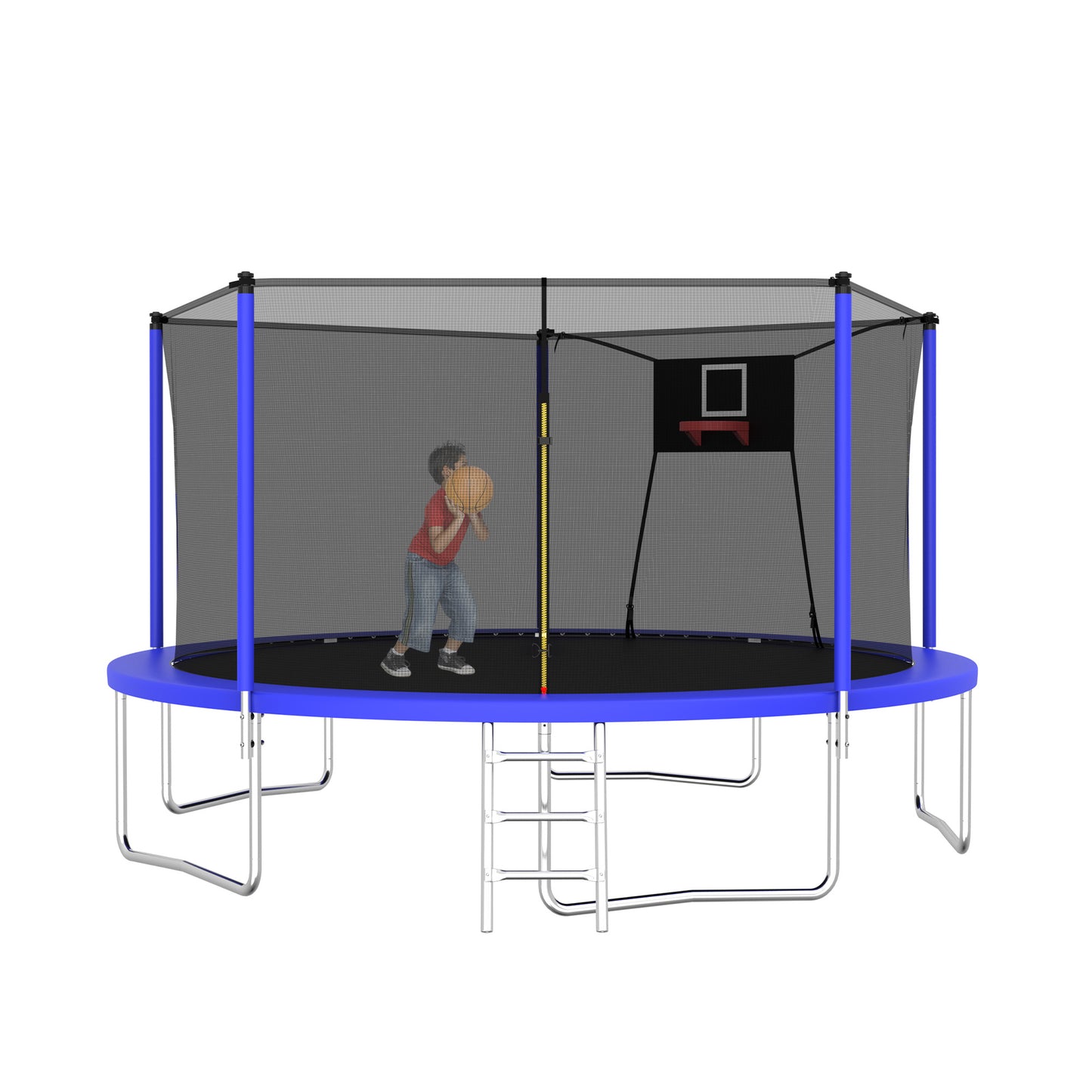 14FT Sports Fitness Trampoline with Net, SHINPT Large Trampoline with Basketball Hoop, Exercise Trampoline for Adults and Kids for Outdoor/Indoor, Gymnastics Trampoline with Ladder for Basement, Yard