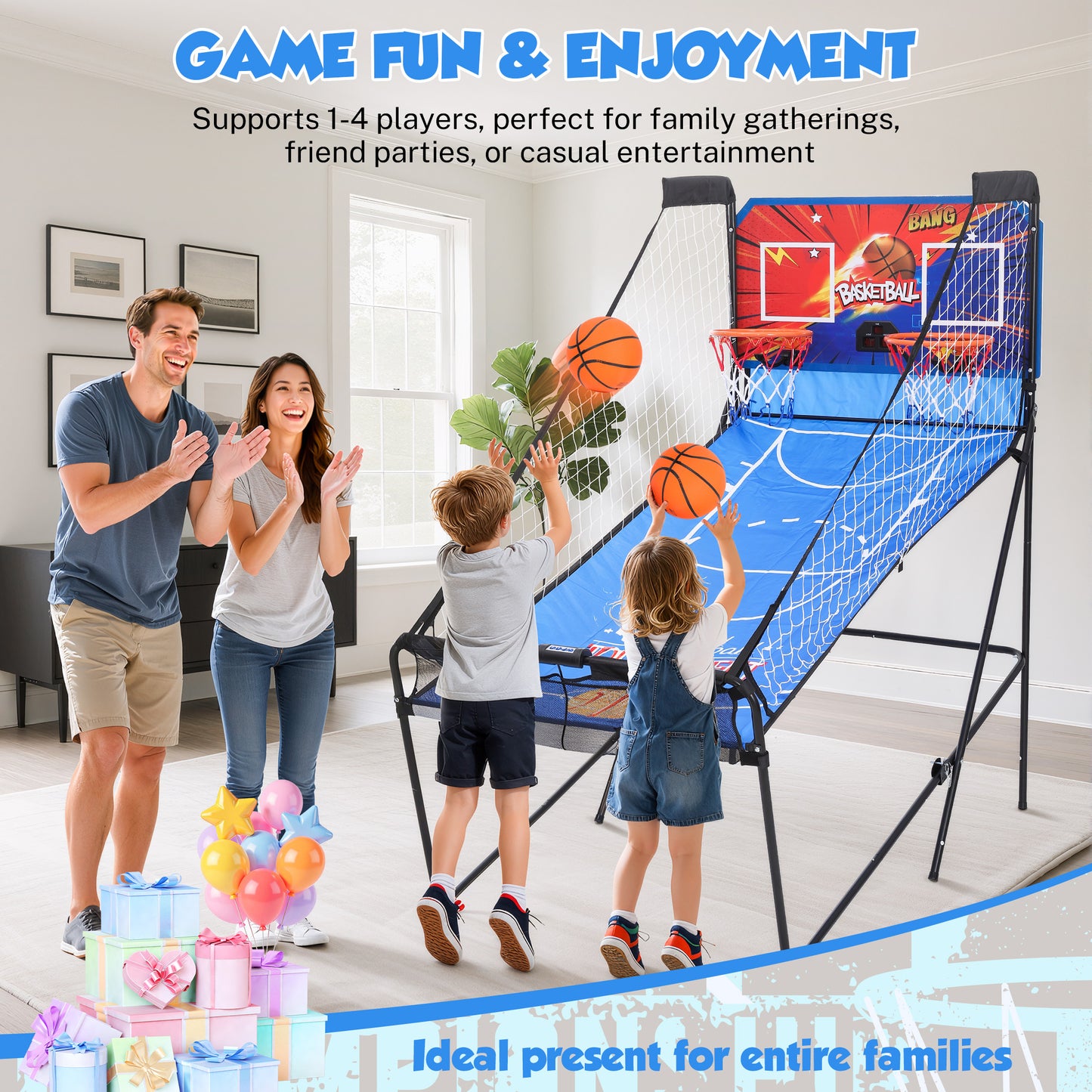 Arcade Basketball Game Indoor, SHINPT Indoor Basketball Hoop for Adults and Kids, Basketball Arcade Game with Steel Frame and Backboard, Arcade Game for Home with 6 Basketballs for Basement, Gameroom