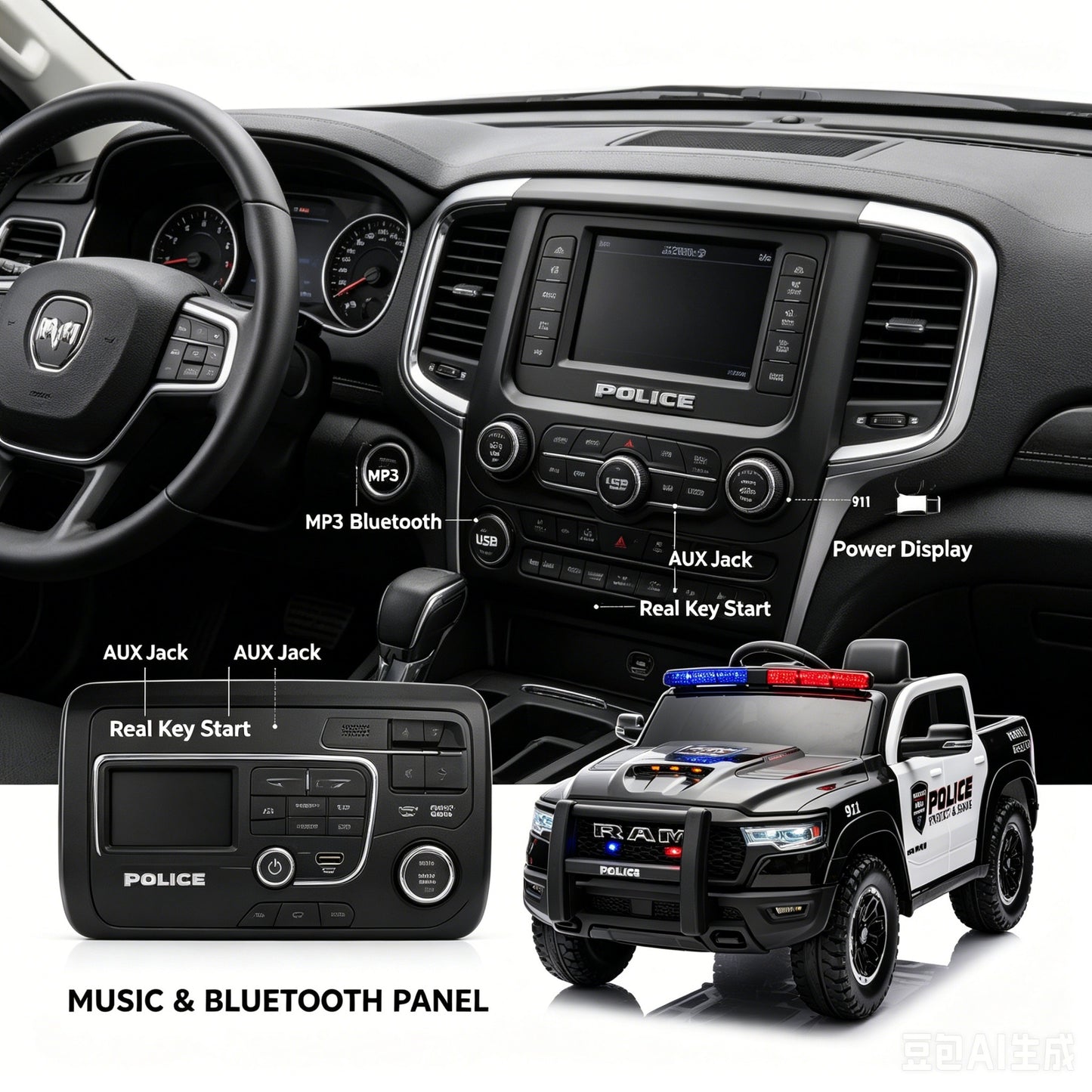 Police Car Ride on, SHINPT RAM1500 RHO Kids Electric Police Car with Parent Remote Control, 12V Powered Toddler Ride on Toy with Siren Lights, Single Seat, 1-3MPH Safe Speed for Boys Girls Ages 3-8