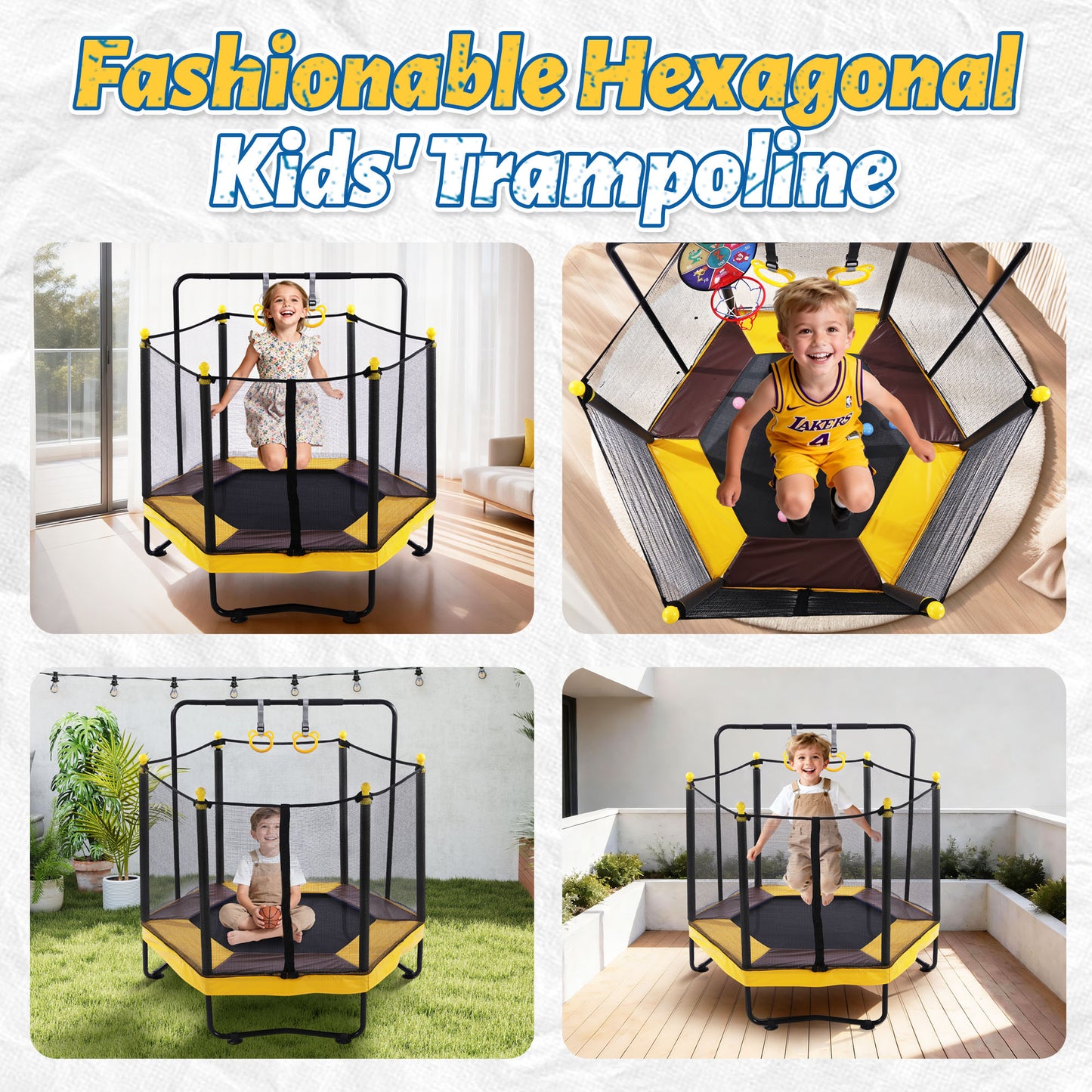 54in Mini Trampoline for Kids, SHINPT Toddler Trampoline Indoor/Outdoor, Kids Trampoline for Toddlers with Basketball Hoop, Recreational Trampoline with Gymnastics Bar, Indoor Trampoline for Toddlers