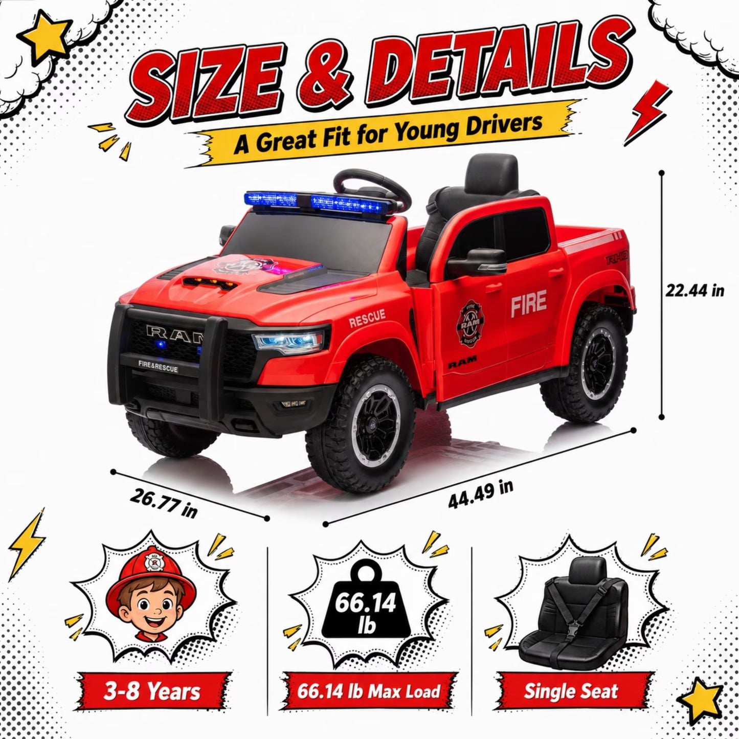 SHINPT Ride on Fire Truck,  RAM1500 12V Electric Fire Truck with Parental Remote, Bluetooth & Siren Lights, 44.49”*26.77”*22.44”Red Kids Ride on Car for Boys Girls Ages 3-8, 36.16lbs