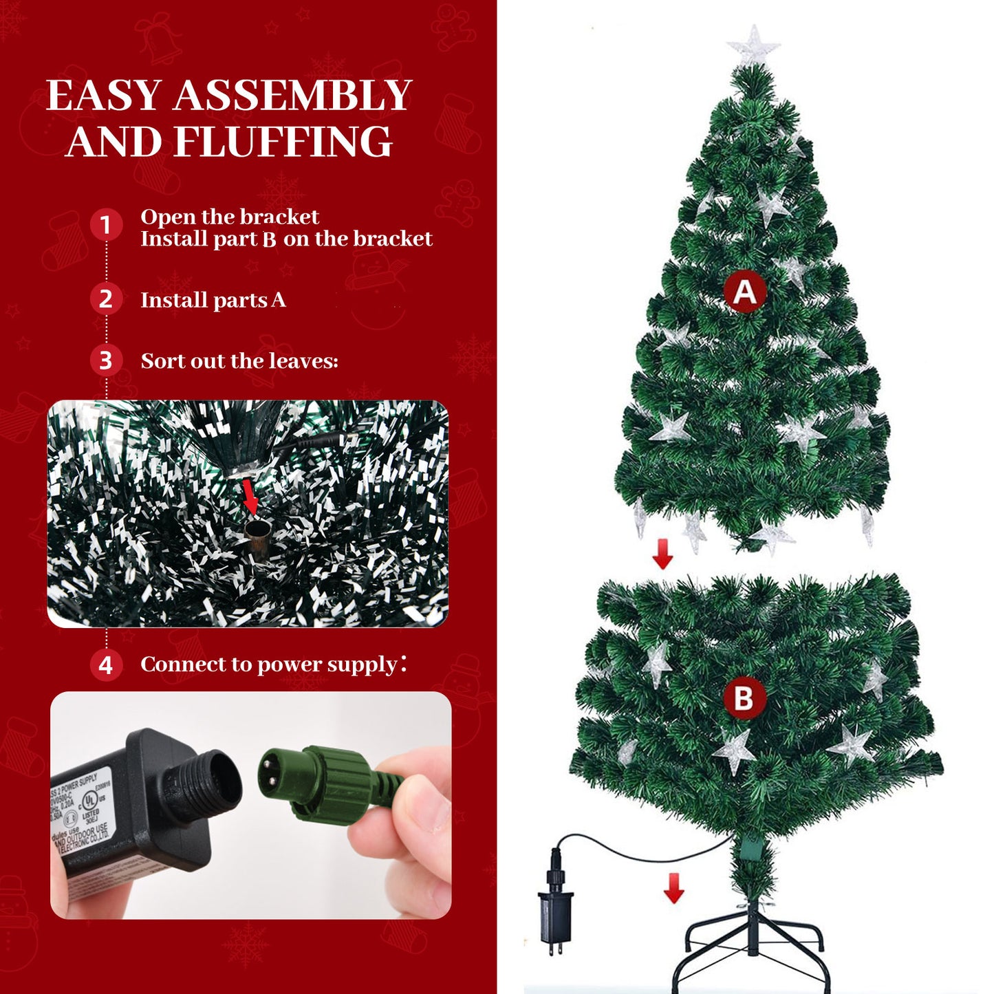 7FT Pre-lit Fiber Optic Christmas Tree with Large Stars, SHINPT Artificial PVC Xmas Tree Spruce Tree Green Tree with Metal Stand, Easy Assembly for Holiday Decoration
