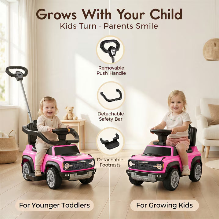 3 in 1 Push Car, Licensed Ford Bronco, SHINPT Toddler Push Car with Parent Control Handle, Safety Fence, Lights, Music & Storage, Ride on Toy for Toddlers 18-36 Months, Pink