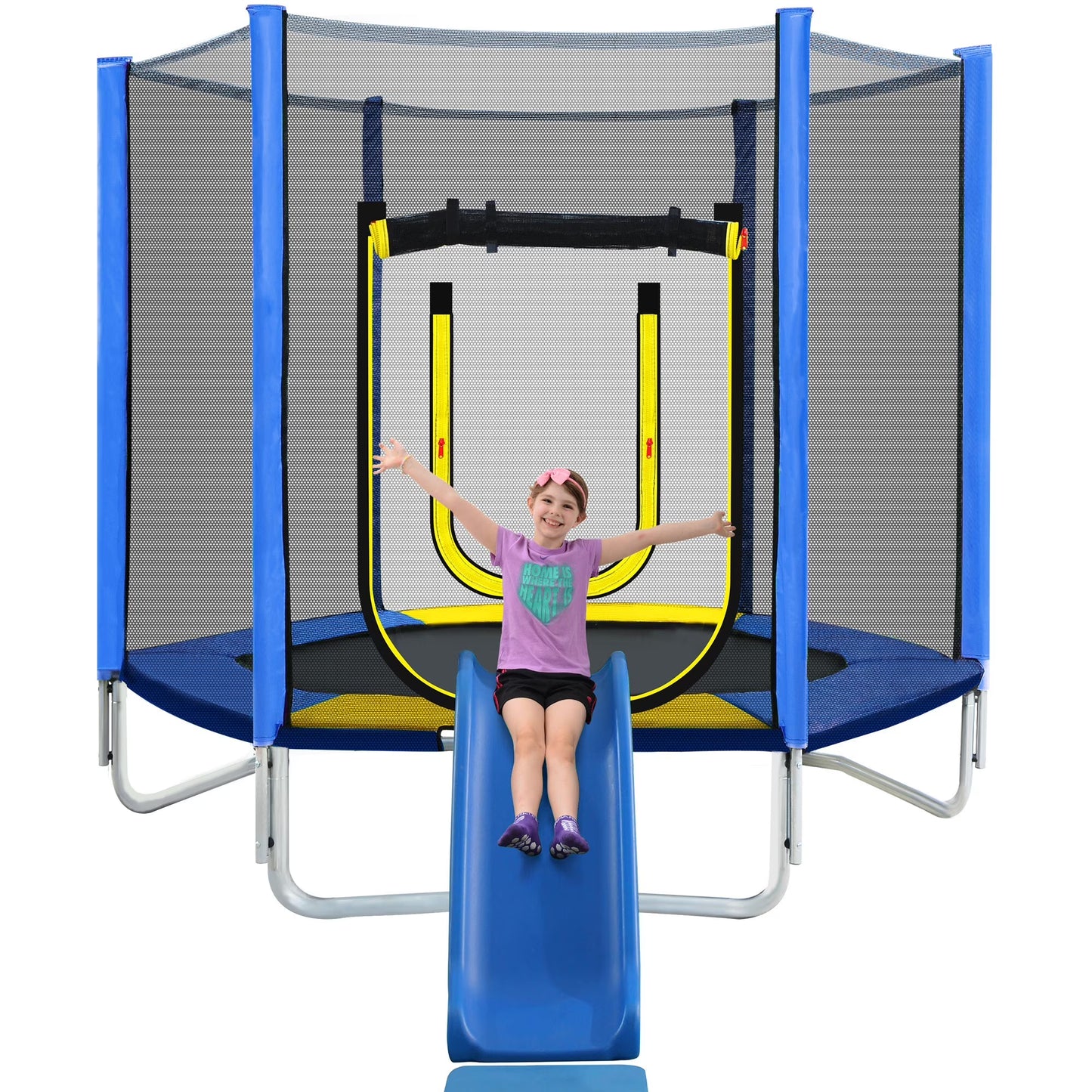 BTYMWAY 7ft Trampoline for Kids, Children's Trampoline Outdoor, Small Trampoline with Slide and Ladder, Recreational Trampoline for Backyard, Outside Toys for Kids with Safety Enclosure Net