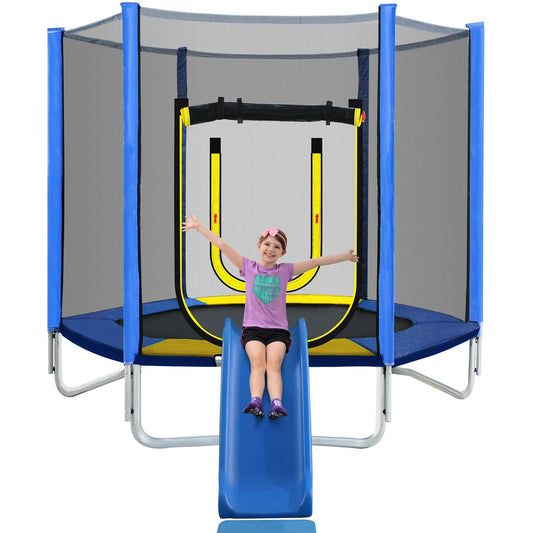 BTYMWAY 7ft Trampoline for Kids, Children's Trampoline Outdoor, Small Trampoline with Slide and Ladder, Recreational Trampoline for Backyard, Outside Toys for Kids with Safety Enclosure Net