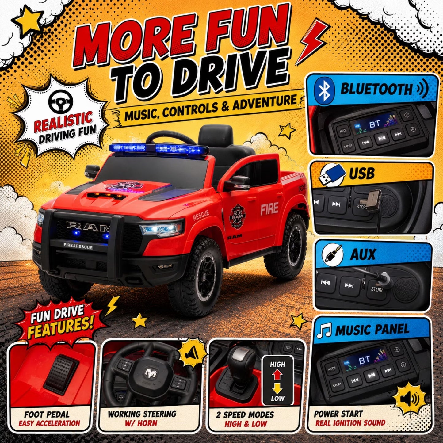 SHINPT Ride on Fire Truck,  RAM1500 12V Electric Fire Truck with Parental Remote, Bluetooth & Siren Lights, 44.49”*26.77”*22.44”Red Kids Ride on Car for Boys Girls Ages 3-8, 36.16lbs