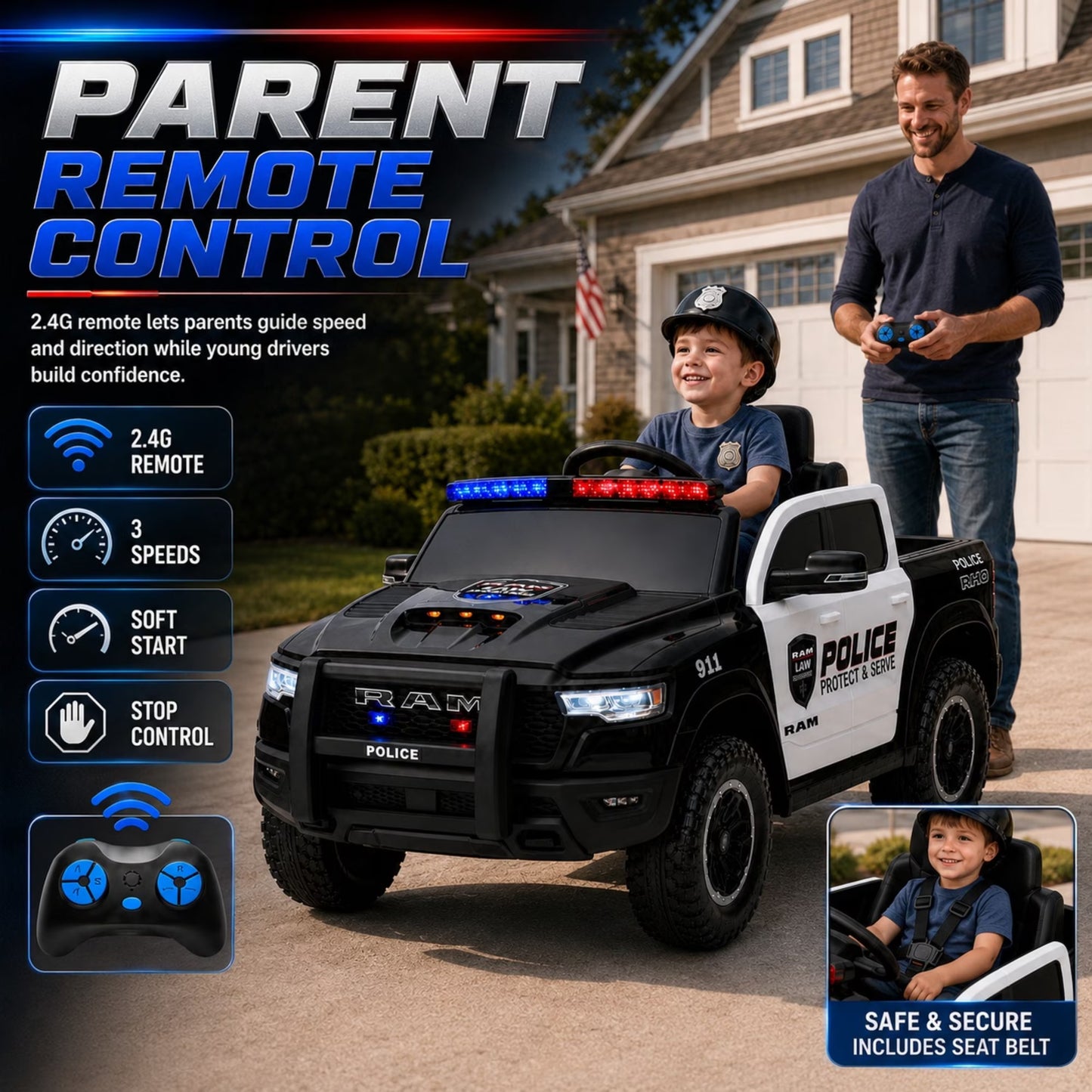 SHINPT Police Car Ride on, RAM1500 RHO Kids Electric Police Car with Parent Remote Control, 12V Powered Toddler Ride on Toy with Siren Lights, Single Seat, 1-3MPH Safe Speed for Boys Girls Ages 3-8