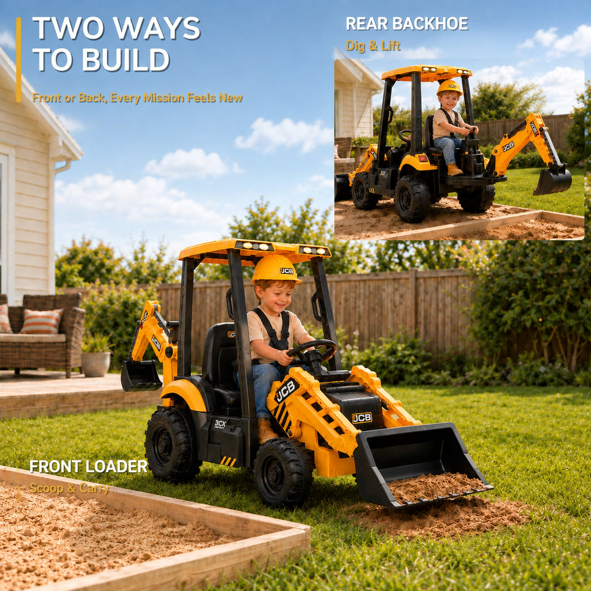 SHINPT Ride on Excavator, JCB, Realistic 2-in-1 Construction,  Toddler Excavator, Shovel & Digger, Electric Ride on Toy, 12V Battery Powered, Remote Control, Yellow, for Toddlers Boys 3-5 Years Old