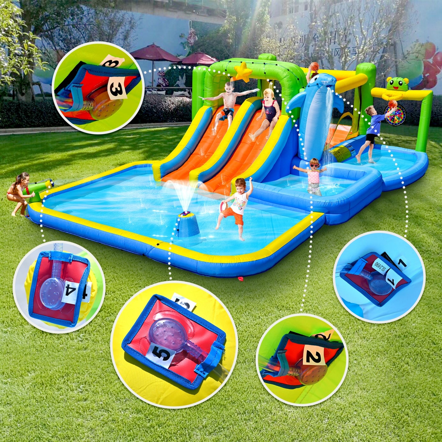 Inflatable Bounce House with 2 Slide, SHINPT 9 in 1 Inflatable Water Slide with Sprinkler Fountain, Water Gun, Target for Kids, Water Park Bounce House with Basketball Hoop, Blower and Ocean Ball