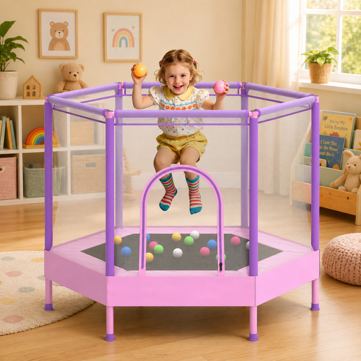 55" Toddler Trampoline with Enclosure Net & Ocean Balls, SHINPT Kids Trampoline for Toddlers Ages 3+, Indoor Trampoline with No Gap Design, Small Trampoline for Kids Room, Living Room, Ideal Gift