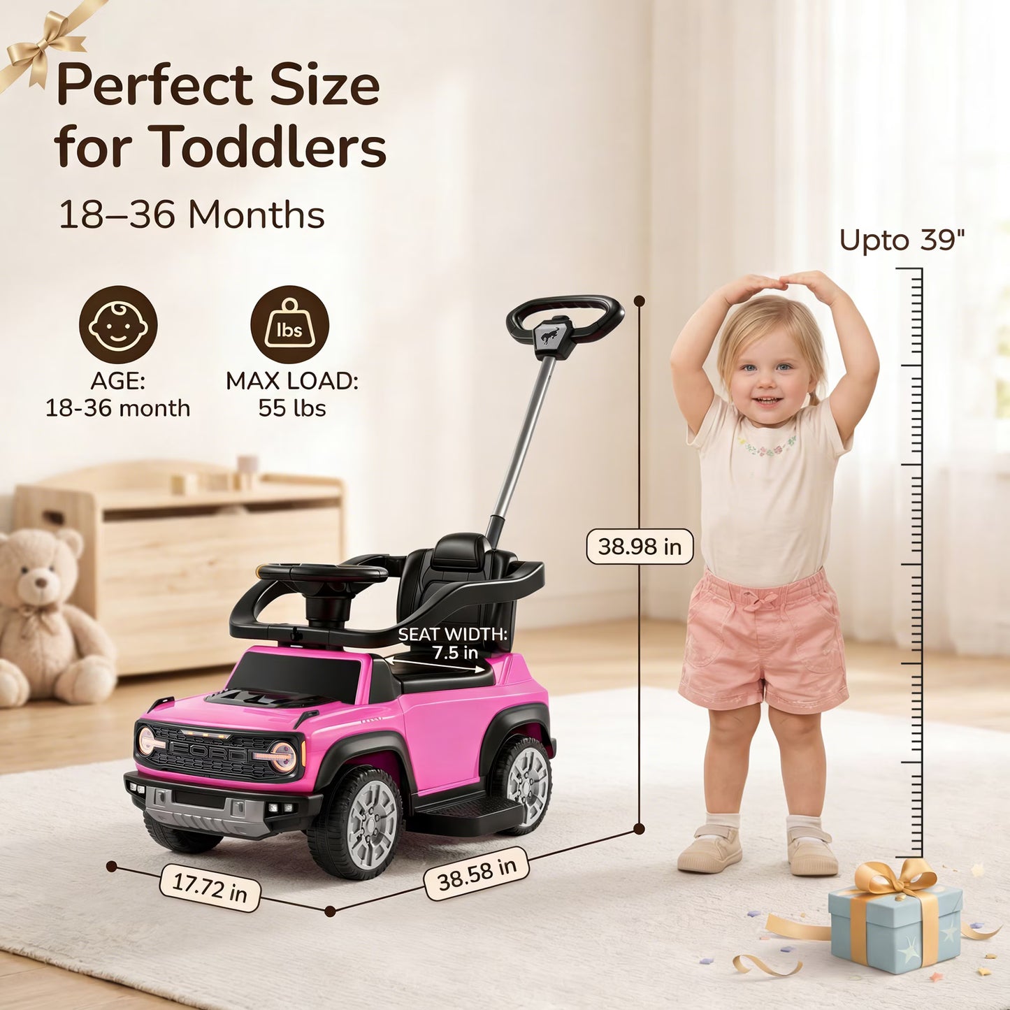 3 in 1 Push Car, Licensed Ford Bronco, SHINPT Toddler Push Car with Parent Control Handle, Safety Fence, Lights, Music & Storage, Ride on Toy for Toddlers 18-36 Months, Pink