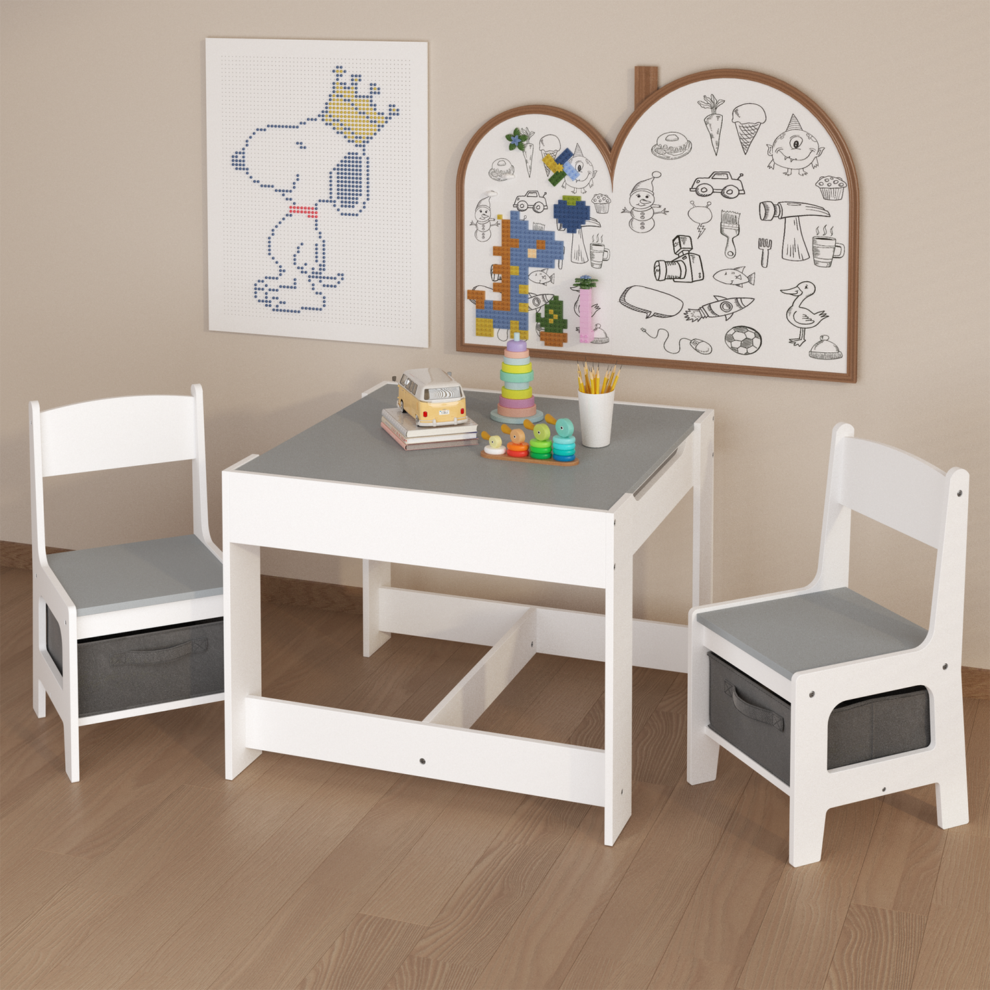 Kids Table and Chair Set for Ages 3-7, SHINPT 3 in 1 Toddler Desk and Chair Set with Storage Drawer, 2 in 1  Wooden Activity Table with  Detachable Tabletop for Nursery, Playroom, Classroom,Home