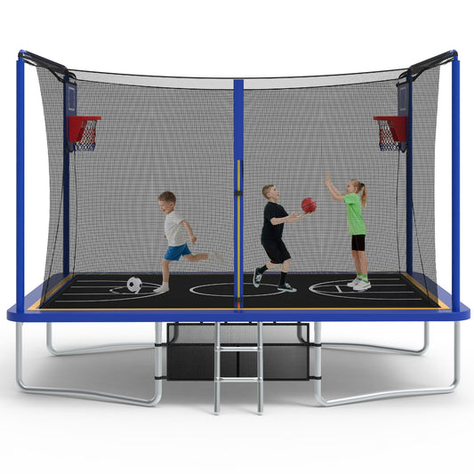 SHINPT 8 ×12 ft Rectangle Trampoline for Kids and Adult, Rectangular trampoline with 2 Basketball Hoops, Outdoor Big Trampoline with 360 Degree Safety Net, Square Trampoline with 4 W-Legs