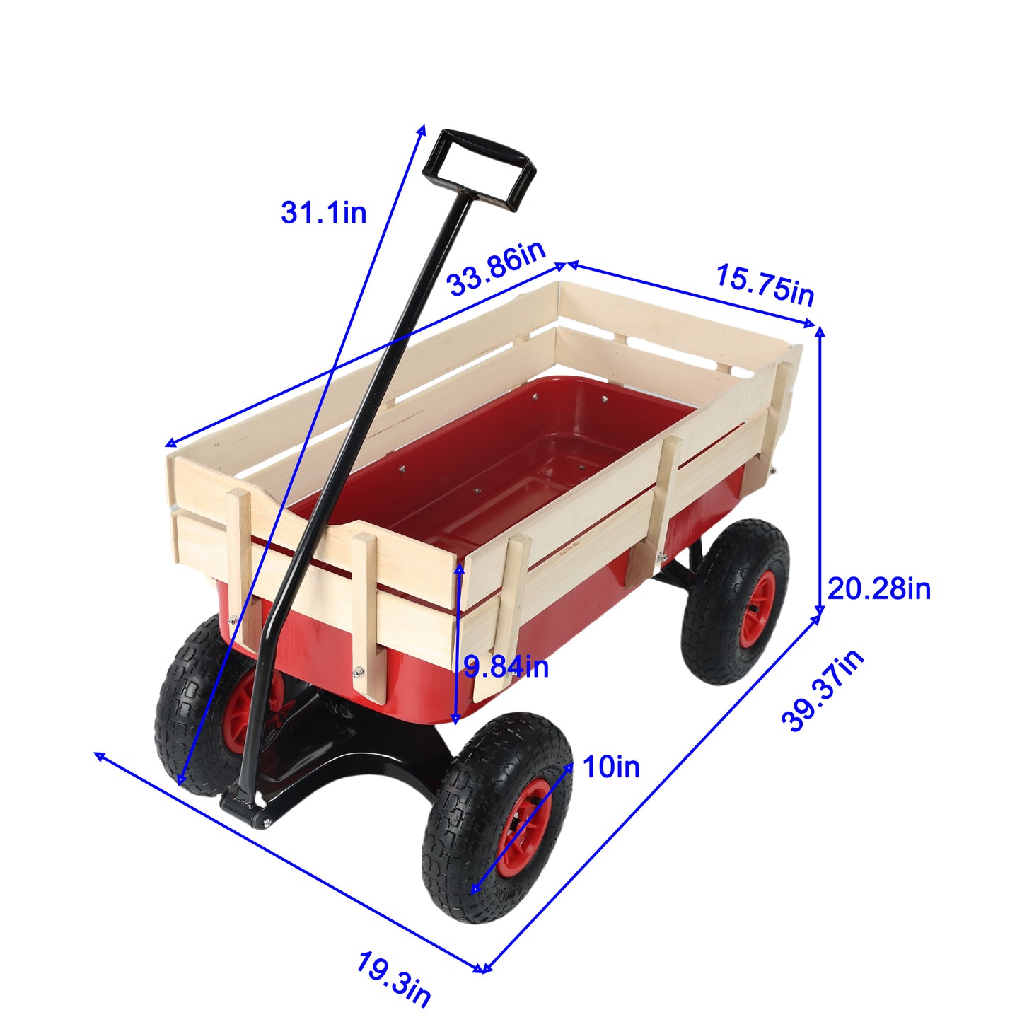 Heavy Duty Wagon with Handle, SHINPT Garden Cart and Wagon with Air Tires, Outdoor Gardening Cart with Wooden Side Panels, Utility Trailer with Metal Wheel Barrow, All Terrain Wagon for Yard, Lawn