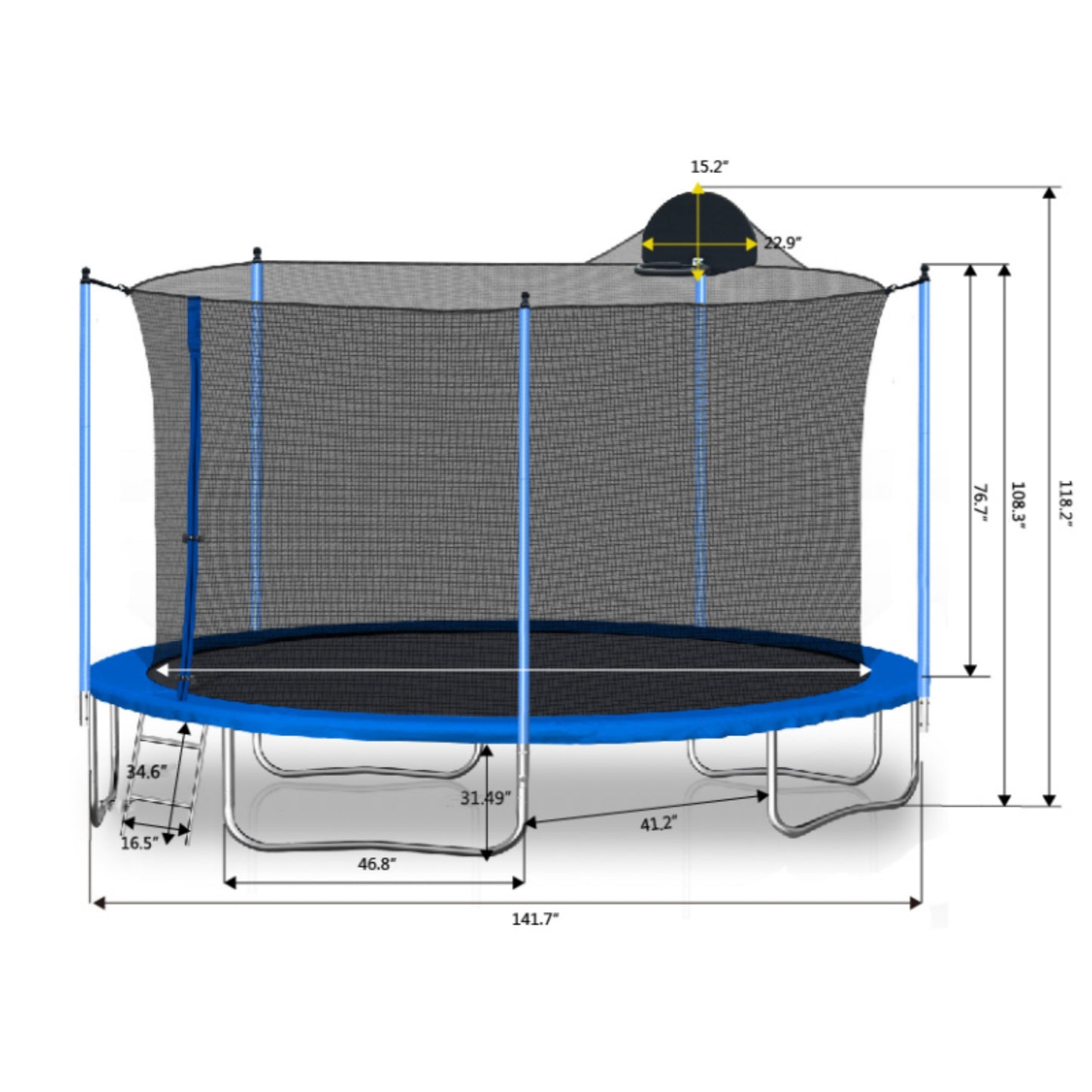 Large Trampoline with Basketball Hoop, SHINPT Ground Trampoline for Adults and Kids, Trampoline Outdoor with Safety Net, Recreational Trampoline with Ladder, Heavy Duty Trampoline Indoor