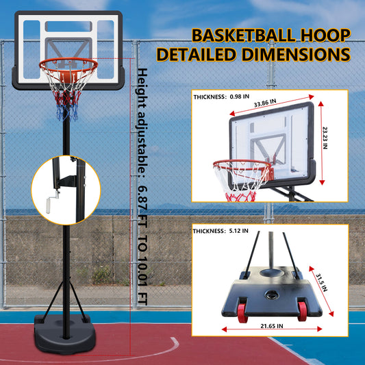 6.89FT-10.01FT Outdoor Basketball Hoop for Youth Adults/Kids, SHINPT Portable Basketball Hoop with Water/Sand Base, 34" Basketball Backboard with Rebound System, Kids Basketball Equipment for Outdoor