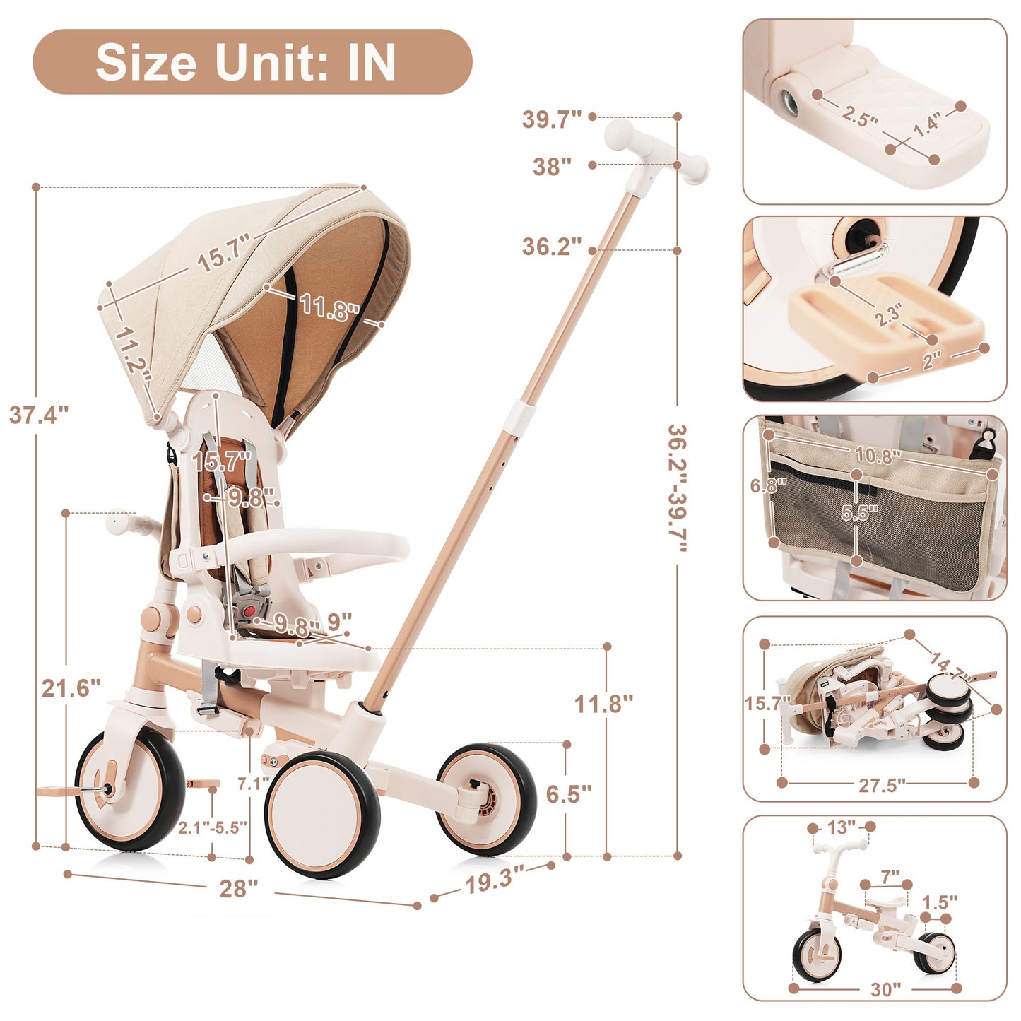 7 in 1 Tricycle for Toddlers 1-6, SHINPT Foldable Push Bike with Removable and Adjustable Handle, Kids Tricycle with Removable Pedal, Toddler Bike with Canopy and Guardrail, Toddler Car, Ride-on Toy