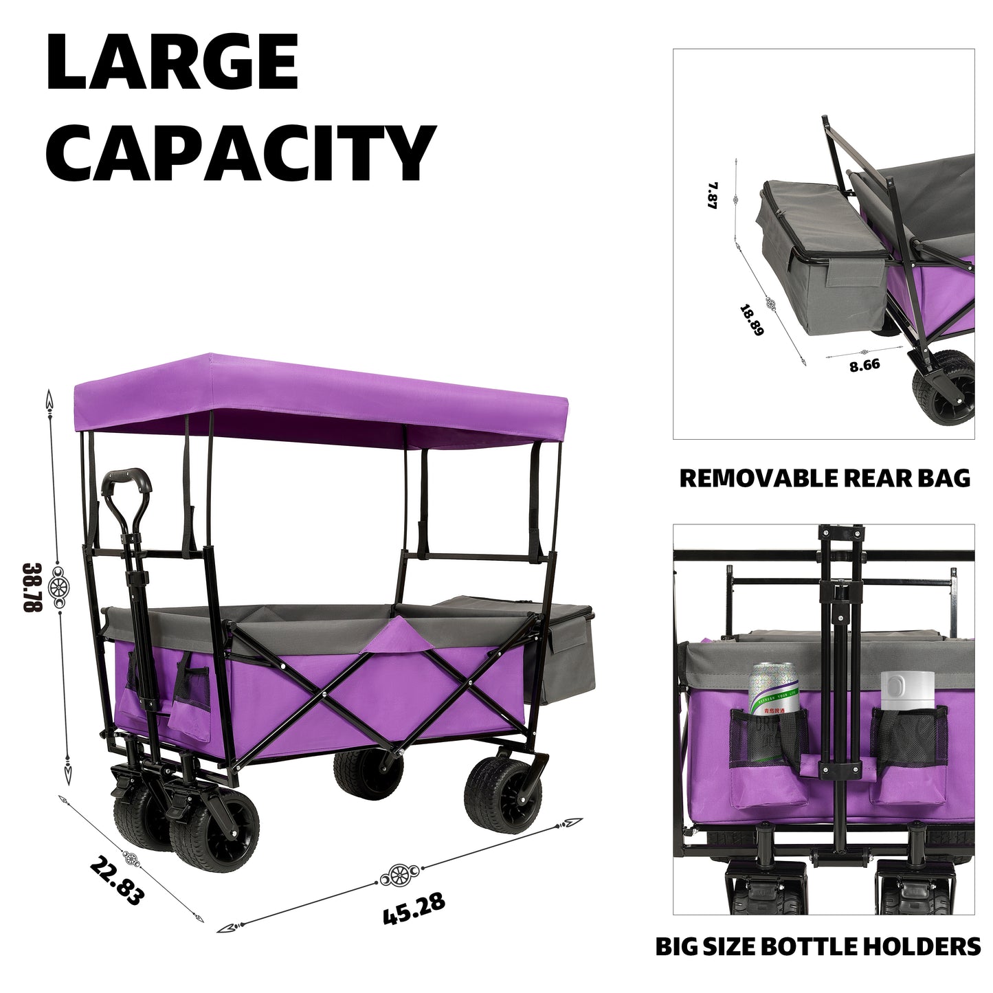 Collapsible Foldable Extended Wagon with Canopy, SHINPT Folding Wagon Cart with 480lbs Weight Capacity, Heavy Duty Wagon with Big All-Terrain Beach Wheels, Outdoor Utility Cart for Camping, Sports