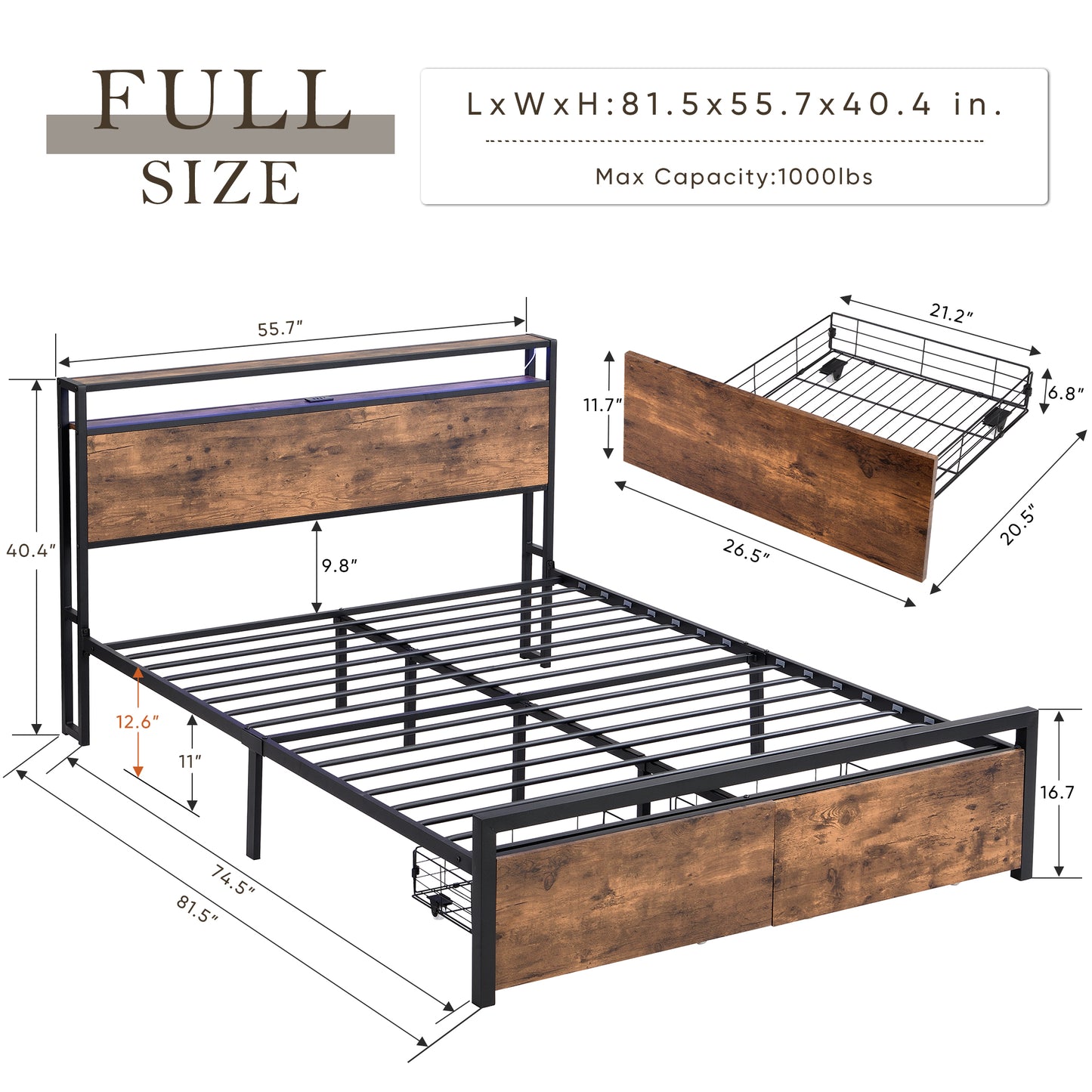 Full Size Bed Frame with Storage Headboard and 2 Drawers, SHINPT Metal Platform Bed with Charging Station, Bed Frame with Storage No Noise, Furniture for Bedroom with Strong Metal Slats Support