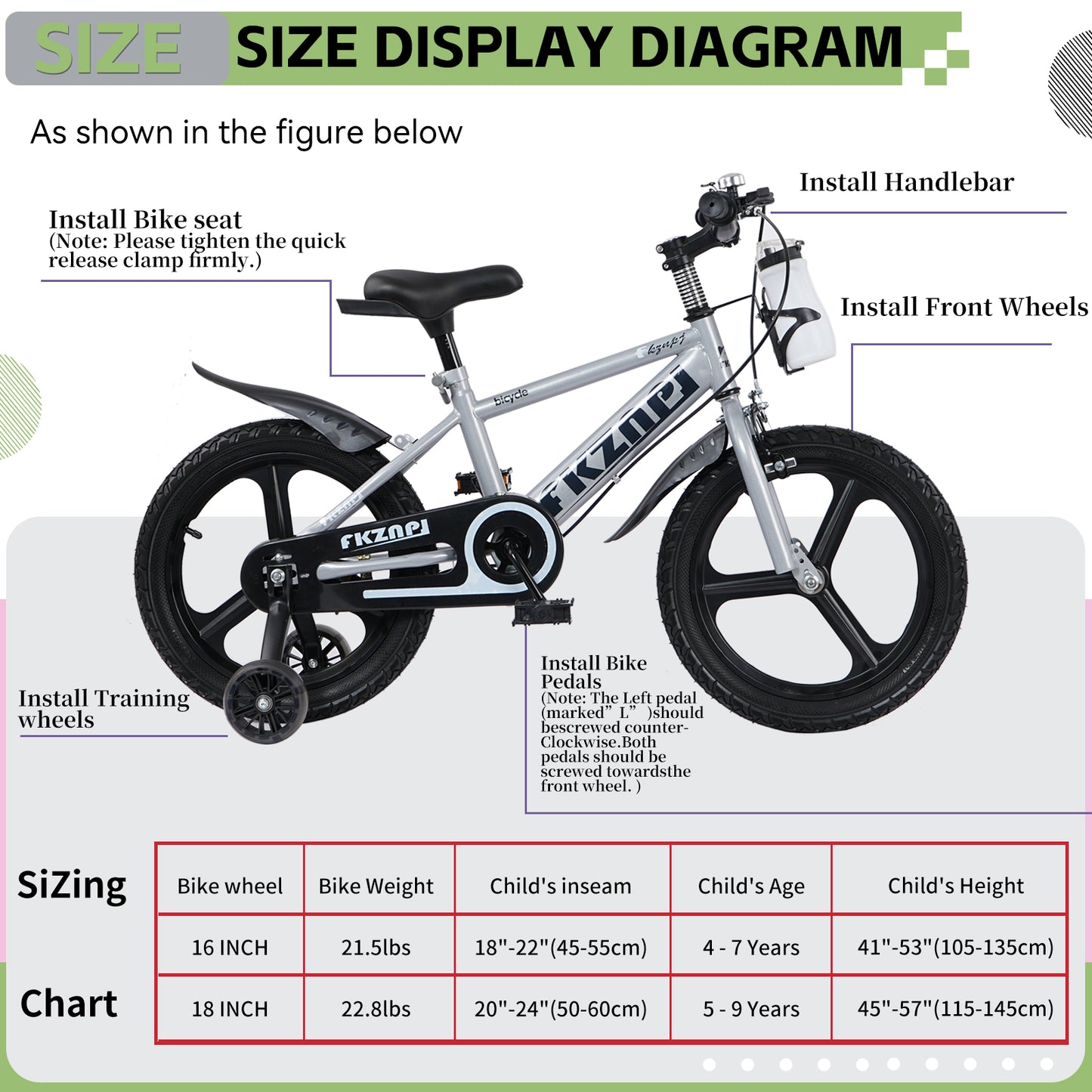 16" Kids Bike with Training Wheels, SHINPT Bicycle for Kids 3-9 with Water Bottle, Training Wheels with Night Glow, Toddler Bike with High Carbon Steel Frame, 16 in kids bicycle with Adjustable Seat