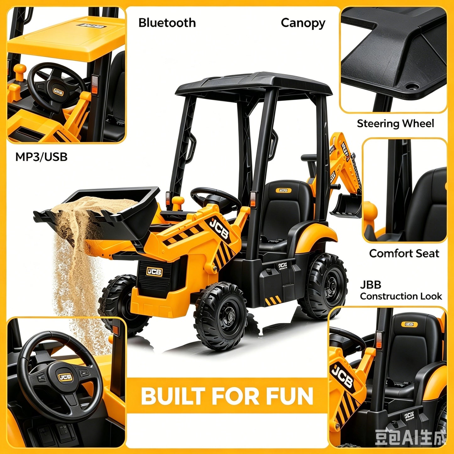 Ride on Excavator, JCB, Realistic 2-in-1 Construction, SHINPT Toddler Excavator, Shovel & Digger, Electric Ride on Toy, 12V Battery Powered, Remote Control, Yellow, for Toddlers Boys 3-5 Years Old