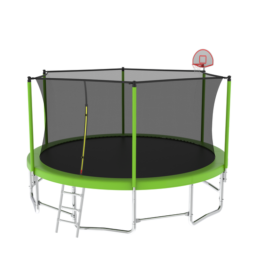 16FT Outdoor Trampoline with Safety Enclosure Net, Heavy-Duty 1320lbs Capacity Backyard Trampoline, Recreational Trampoline with Basketball Hoop, Ideal for Children, Kindergarten, Green