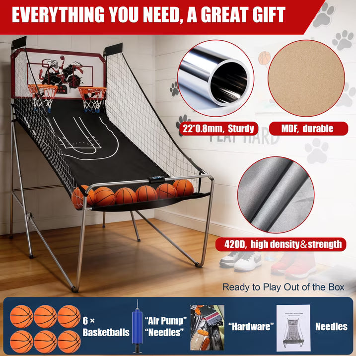 SHINPT Electronic Basketball Arcade Game, 2 Player Indoor Basketball Arcade Game for Kids Adults, Foldable Arcade Basketball with 8 Game Modes,  Electronic Scorer, Basketball Hoop, 6 Balls, Air Pump