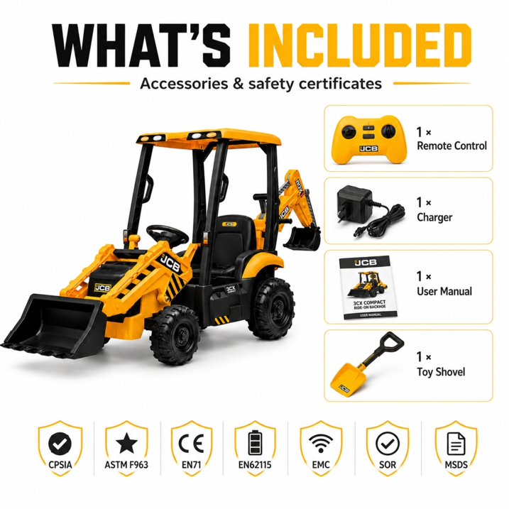 SHINPT Ride on Excavator, JCB, Realistic 2-in-1 Construction,  Toddler Excavator, Shovel & Digger, Electric Ride on Toy, 12V Battery Powered, Remote Control, Yellow, for Toddlers Boys 3-5 Years Old