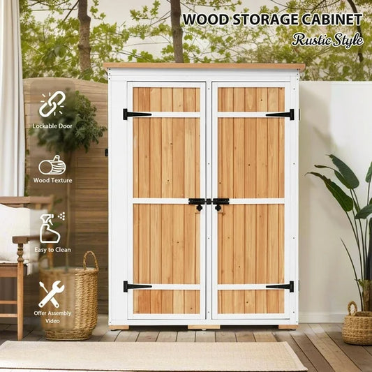 TOPMAX Outdoor 5.5ft Hx4.1ft L Wood Storage Shed, Garden Tool Cabinet with Waterproof Asphalt Roof, Four Lockable Doors, Multiple-tier Shelves, White and Gray