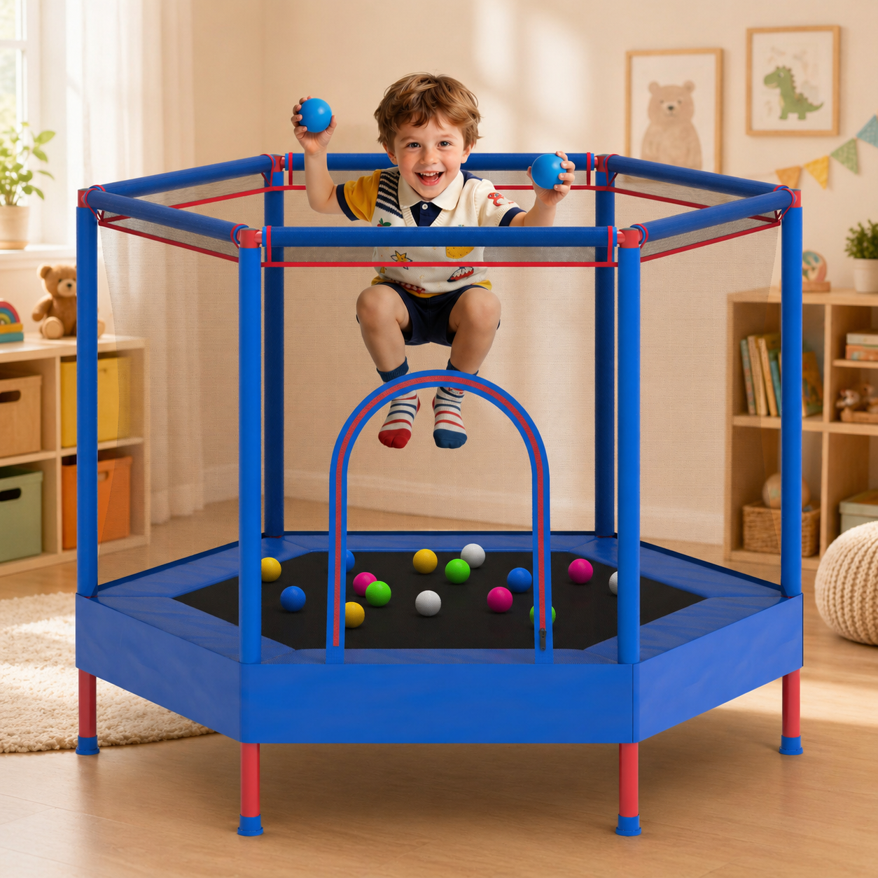 55" Toddler Trampoline with Enclosure Net & Ocean Balls, SHINPT Kids Trampoline for Toddlers Ages 3+, Indoor Trampoline with No Gap Design, Small Trampoline for Kids Room, Living Room, Ideal Gift