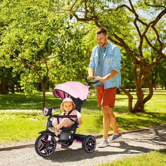 Shinpt 6 in 1 Kids' Baby Tricycle Stroller with 360°Rotatable Seat, Retractable Canopy, Adjustable Push Handle, Detachable Guardrail, and Rear Basket for Toddlers 18 Months to 6 Years，Pink