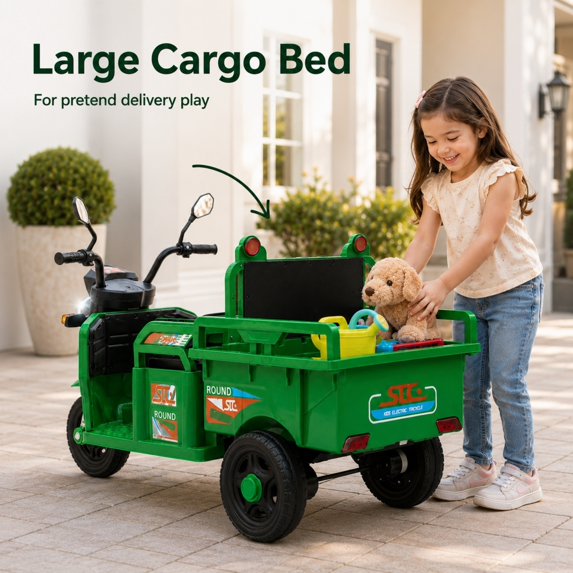 12V Kids Ride on Toy, SHINPT Powered Ride on Car with Large Storage Bed, 3-Wheel Cargo Truck with LED Lights & Music, Wide Seat, Toddler Ride on Toys for Ages 3-6, Green